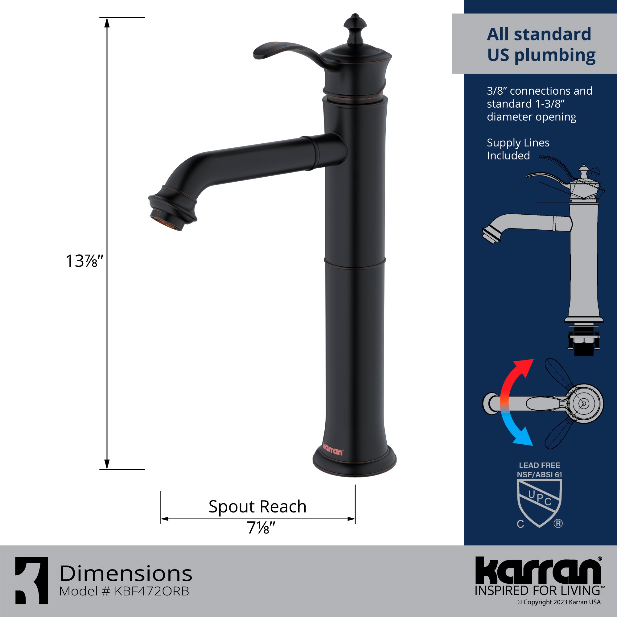 Karran Vineyard 1.2 GPM Single Lever Handle Lead-free Brass ADA Bathroom Faucet, Vessel, Oil Rubbed Bronze, KBF472ORB