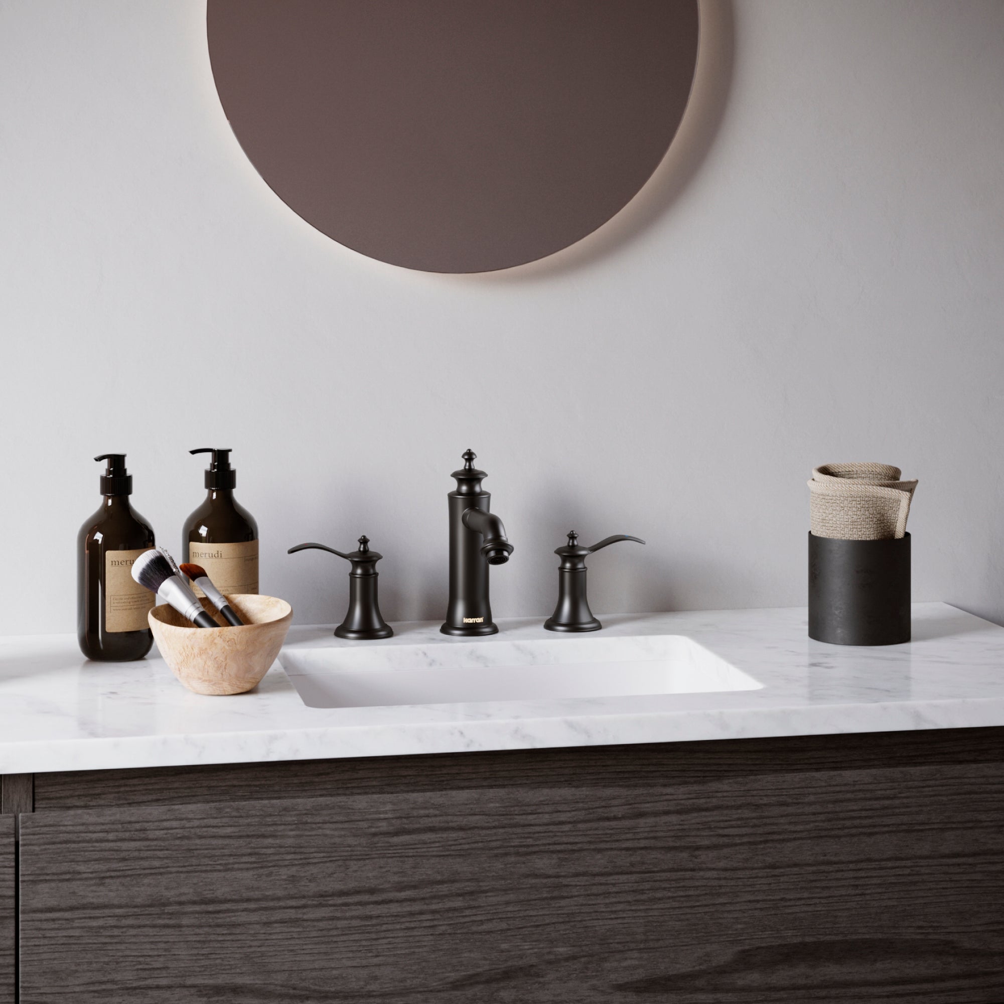 Karran Vineyard 1.2 GPM Double Lever Handle Lead-free Brass ADA Bathroom Faucet, Widespread, Matte Black, KBF474MB
