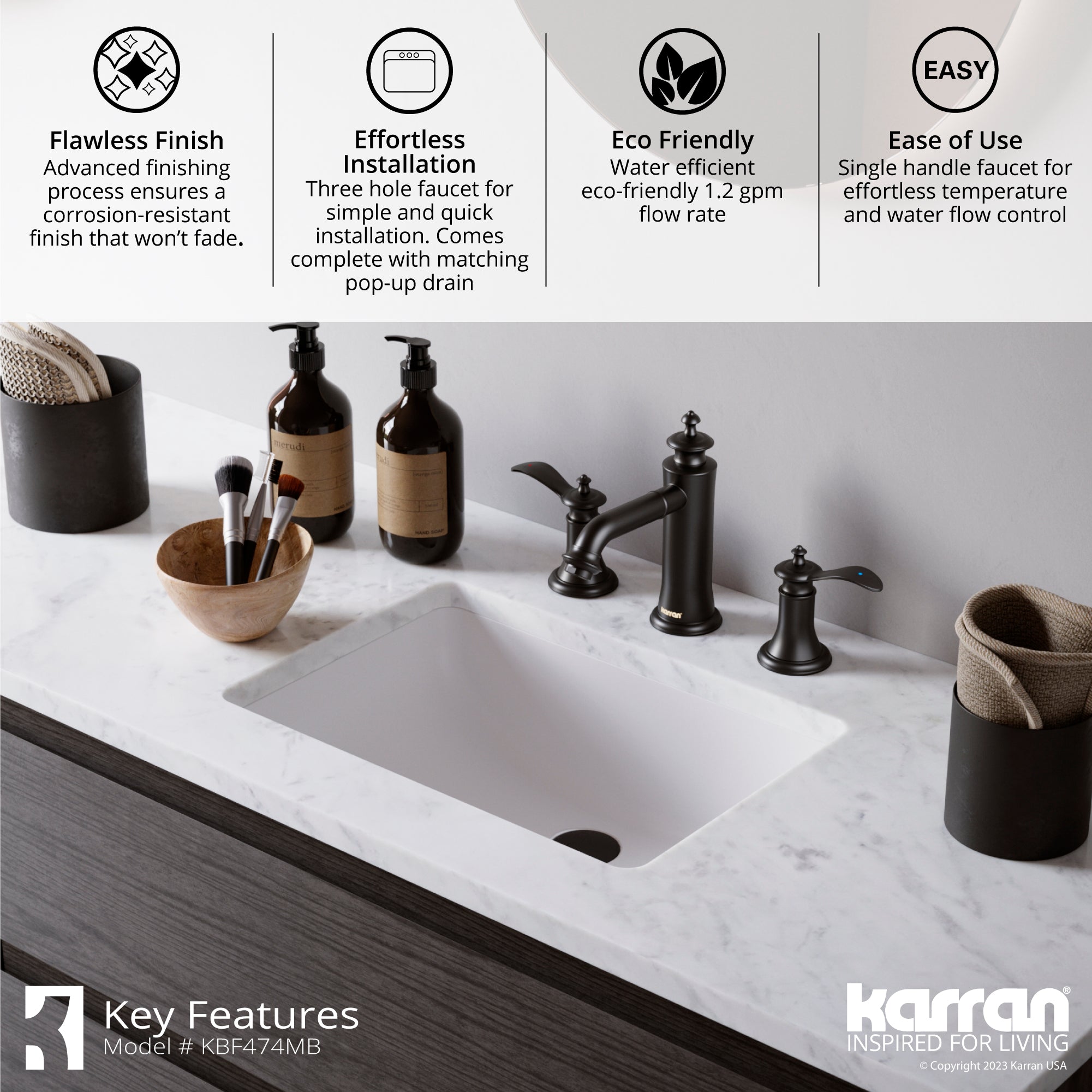 Karran Vineyard 1.2 GPM Double Lever Handle Lead-free Brass ADA Bathroom Faucet, Widespread, Matte Black, KBF474MB