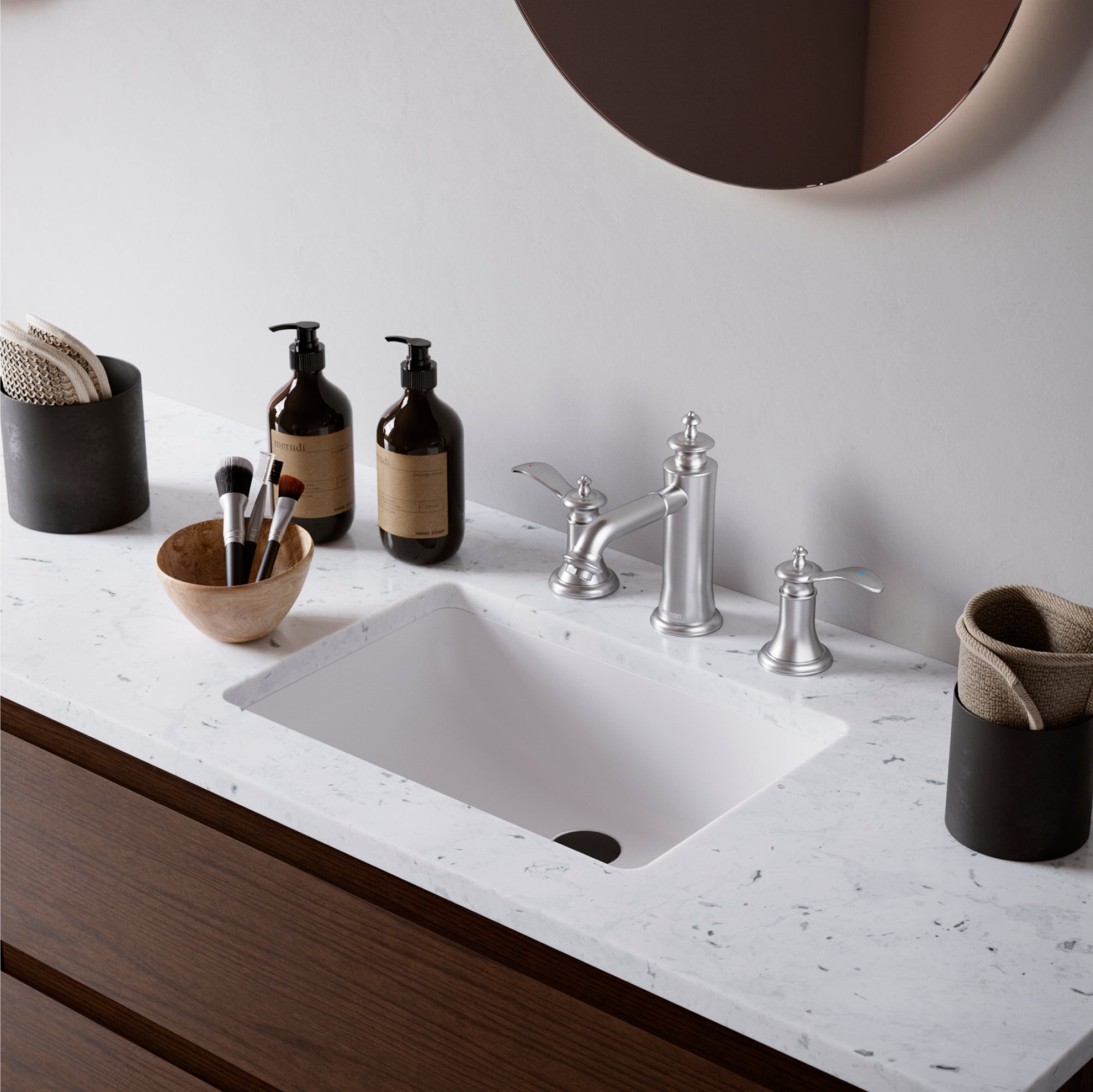 Karran Vineyard 1.2 GPM Double Lever Handle Lead-free Brass ADA Bathroom Faucet, Widespread, Stainless Steel, KBF474SS