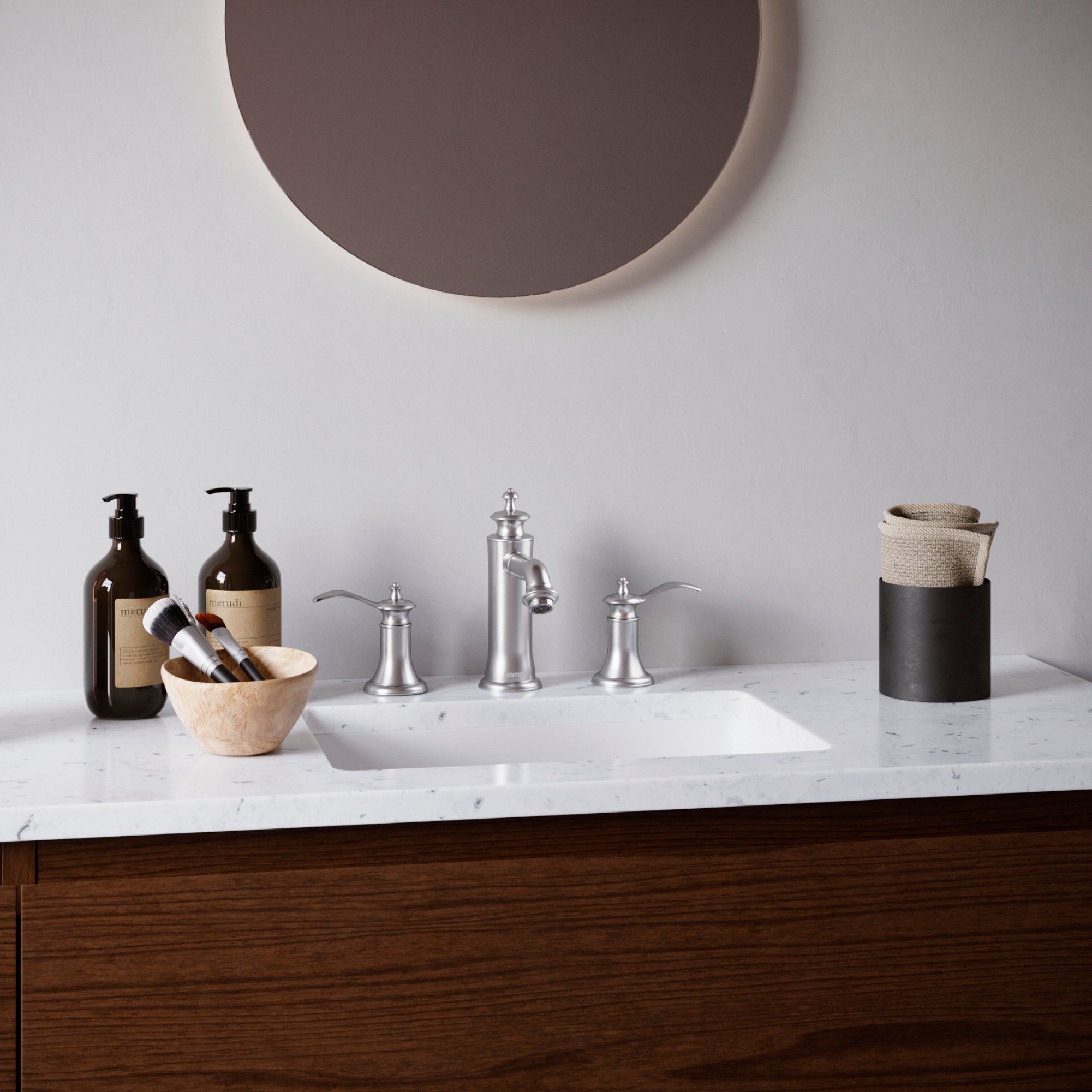 Karran Vineyard 1.2 GPM Double Lever Handle Lead-free Brass ADA Bathroom Faucet, Widespread, Stainless Steel, KBF474SS