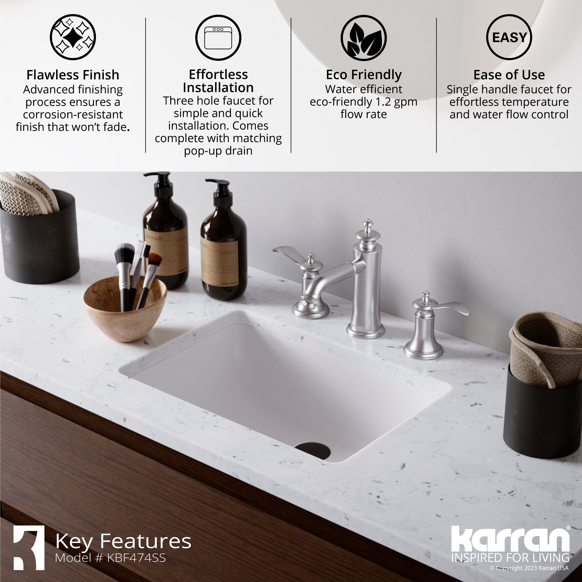 Karran Vineyard 1.2 GPM Double Lever Handle Lead-free Brass ADA Bathroom Faucet, Widespread, Stainless Steel, KBF474SS