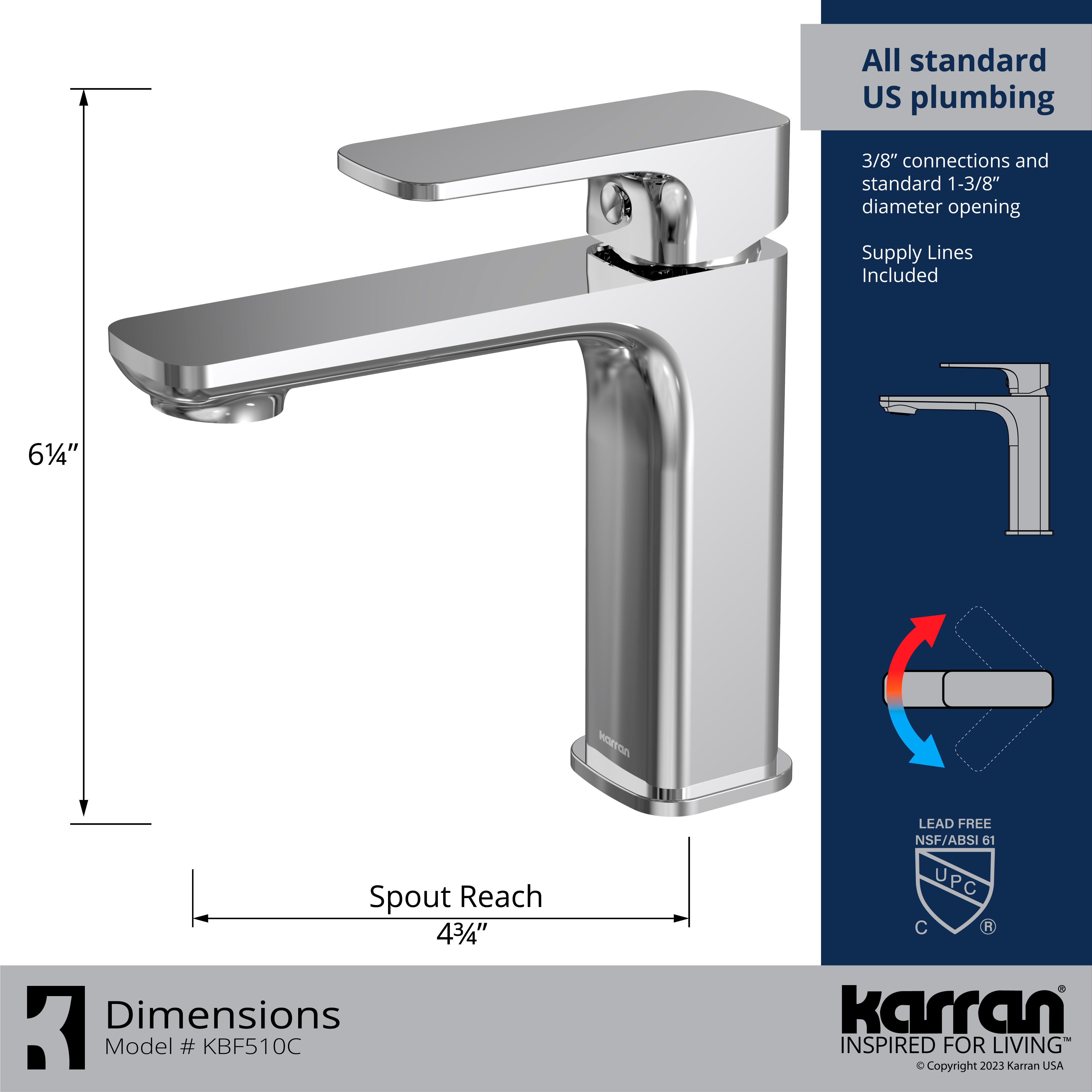 Karran Venda 1.2 GPM Single Lever Handle Lead-free Brass ADA Bathroom Faucet, Basin, Chrome, KBF510C