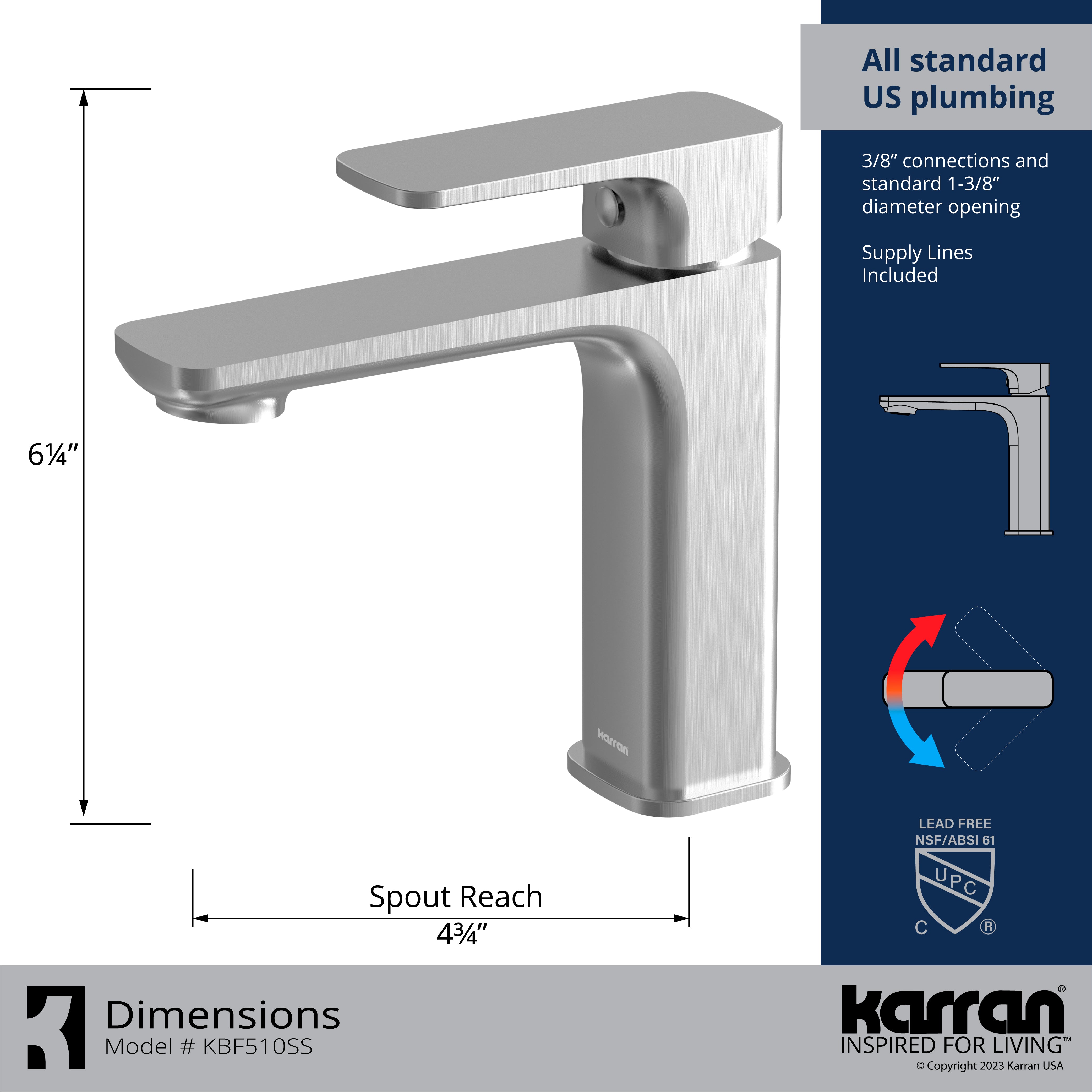 Karran Venda 1.2 GPM Single Lever Handle Lead-free Brass ADA Bathroom Faucet, Basin, Stainless Steel, KBF510SS