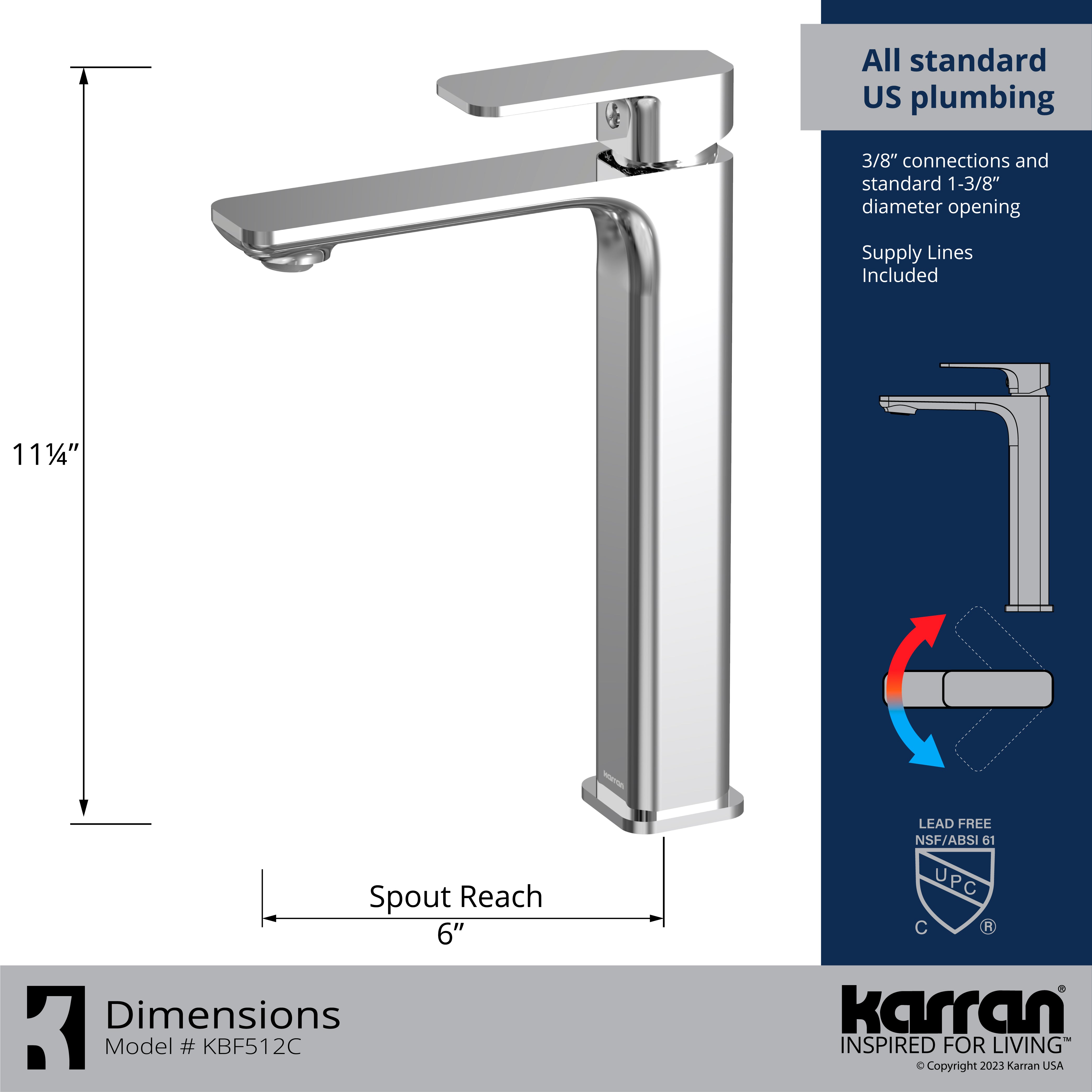 Karran Venda 1.2 GPM Single Lever Handle Lead-free Brass ADA Bathroom Faucet, Vessel, Chrome, KBF512C