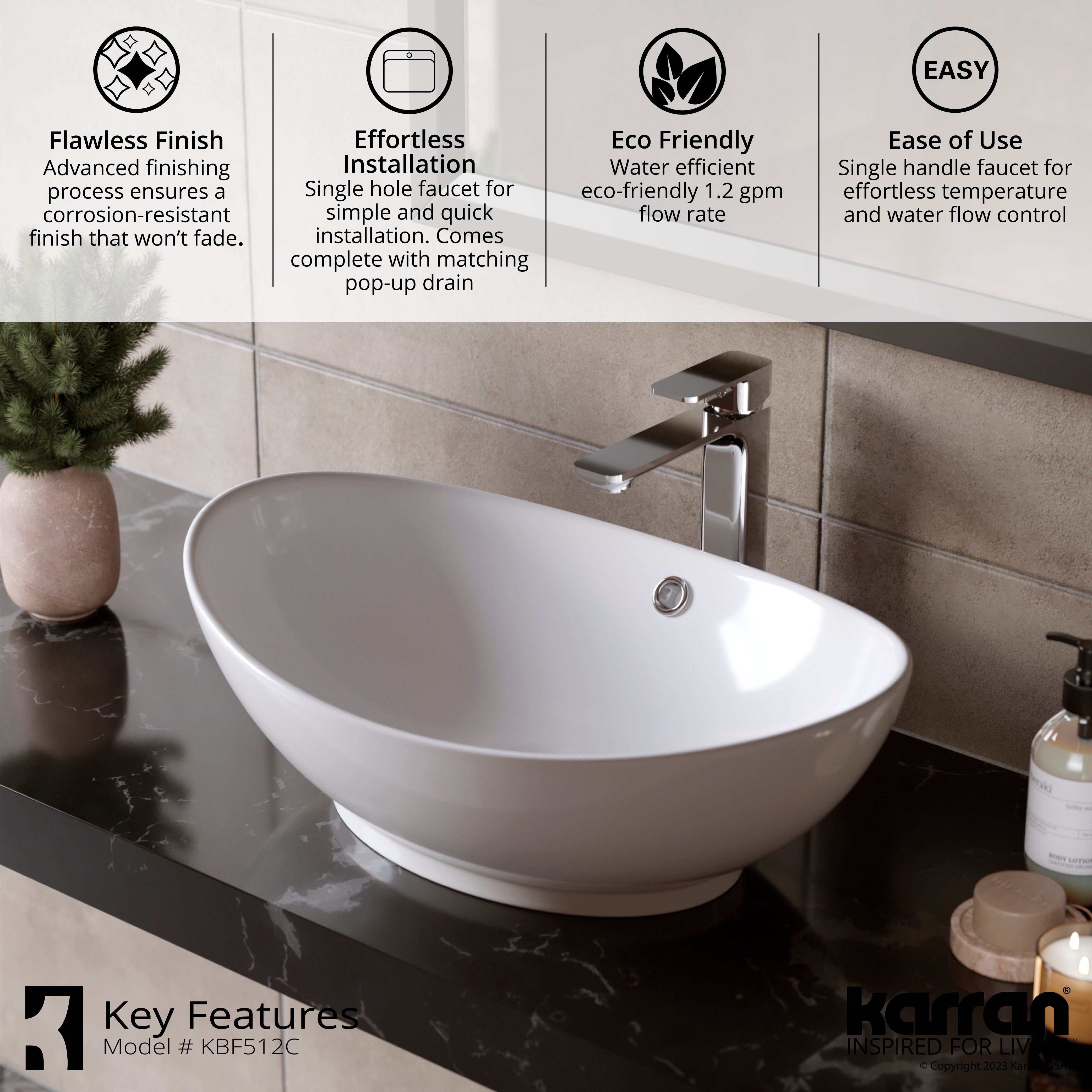 Karran Venda 1.2 GPM Single Lever Handle Lead-free Brass ADA Bathroom Faucet, Vessel, Chrome, KBF512C