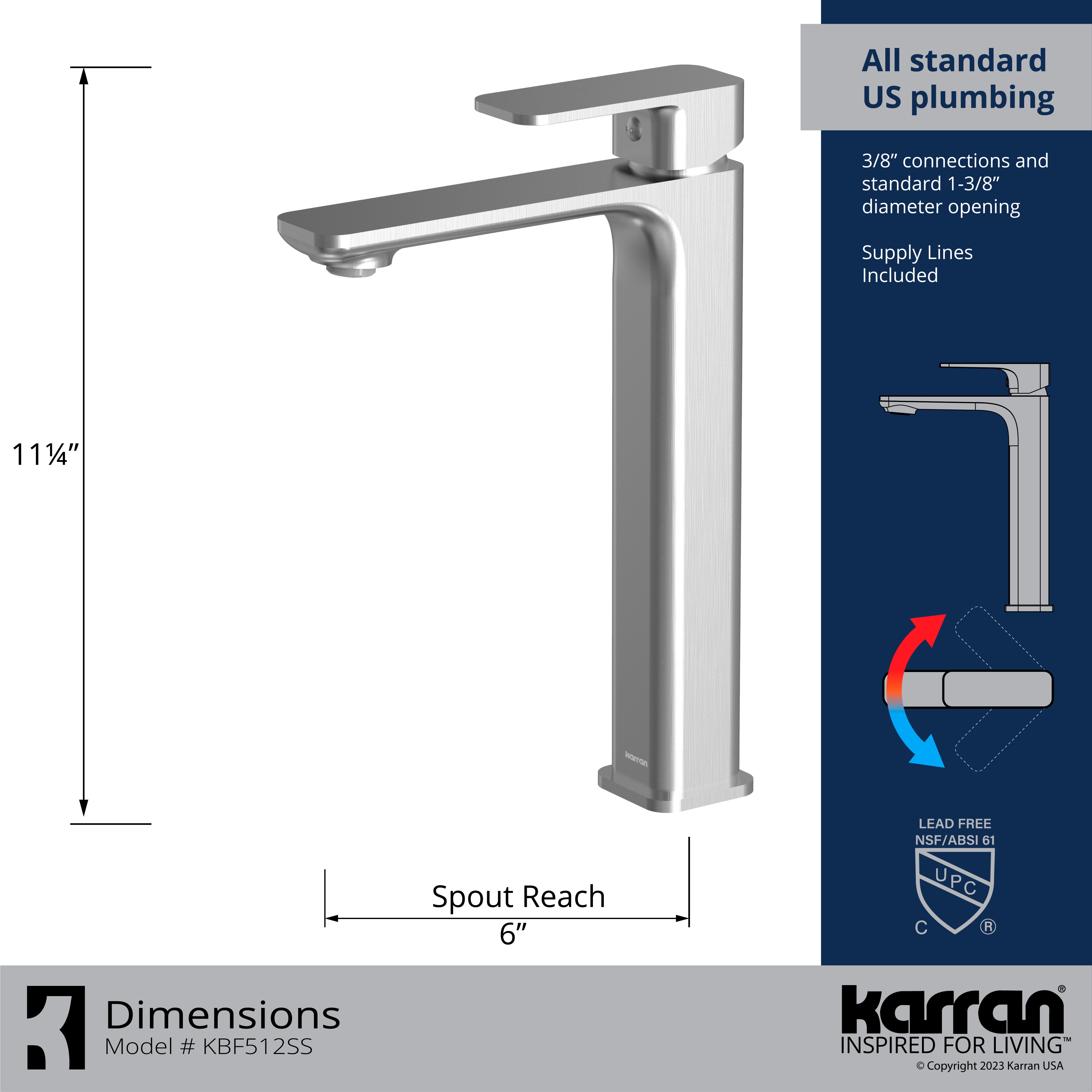 Karran Venda 1.2 GPM Single Lever Handle Lead-free Brass ADA Bathroom Faucet, Vessel, Stainless Steel, KBF512SS