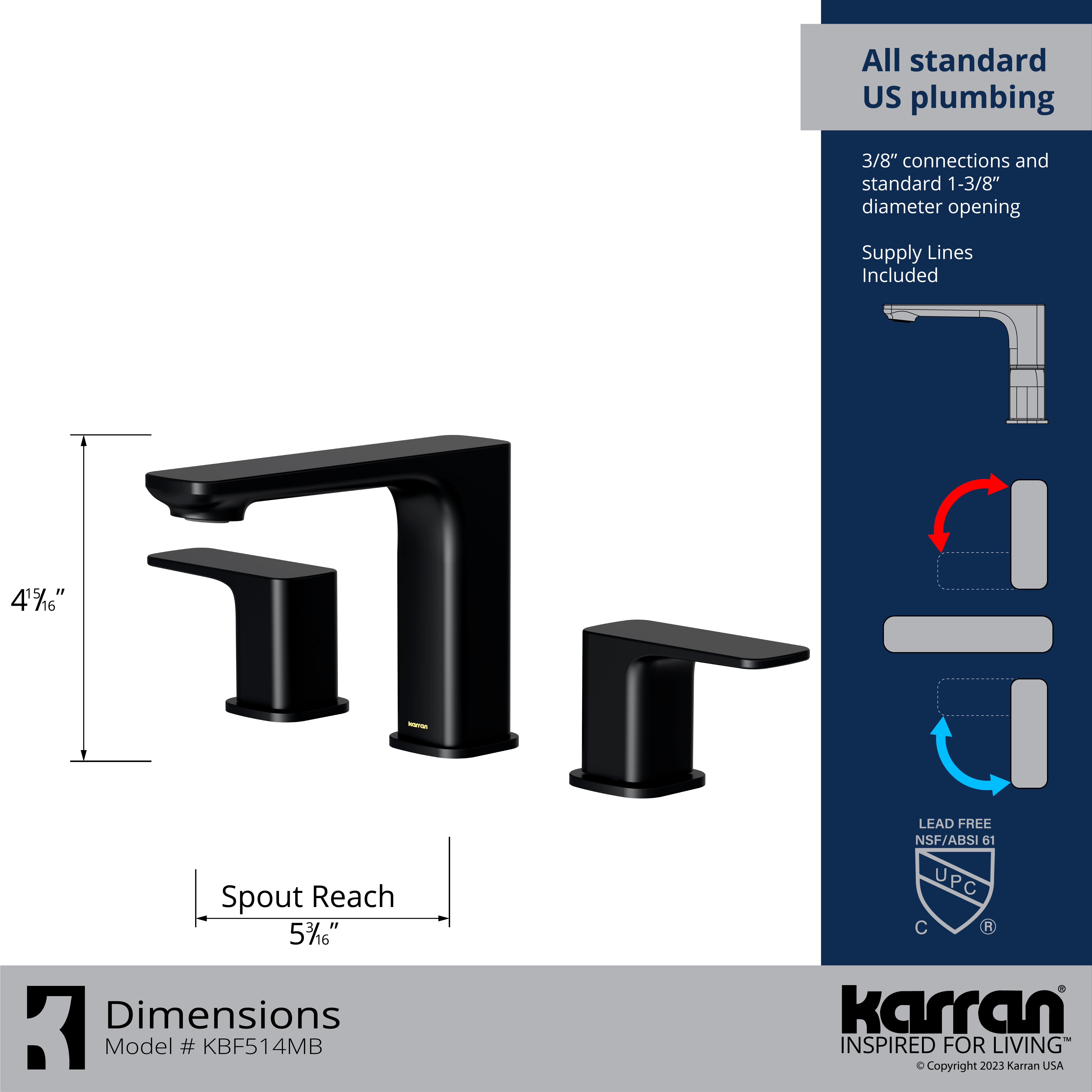 Karran Venda 1.2 GPM Double Lever Handle Lead-free Brass ADA Bathroom Faucet, Widespread, Matte Black, KBF514MB