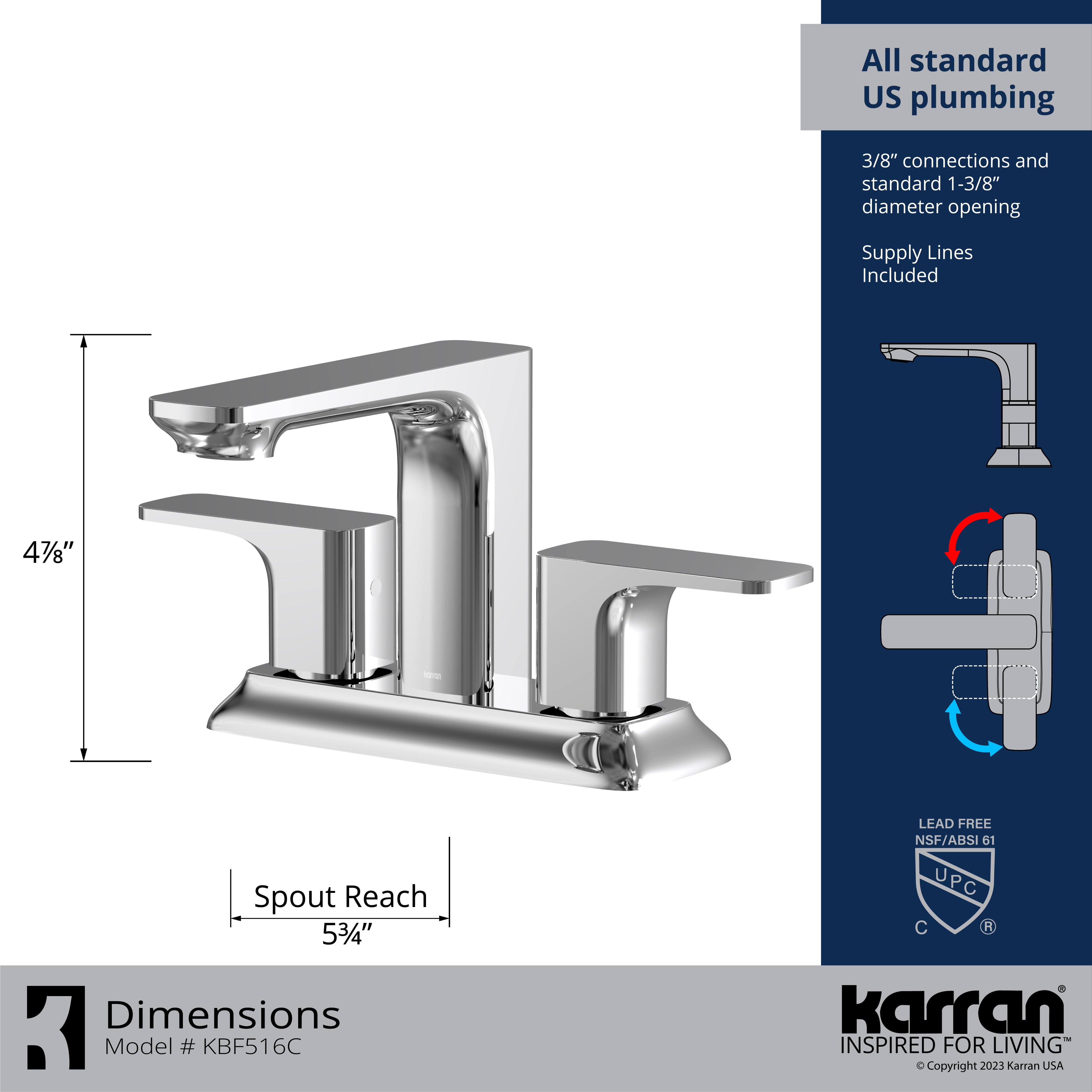 Karran Venda 1.2 GPM Double Lever Handle Lead-free Brass ADA Bathroom Faucet, Centerset, Chrome, KBF516C
