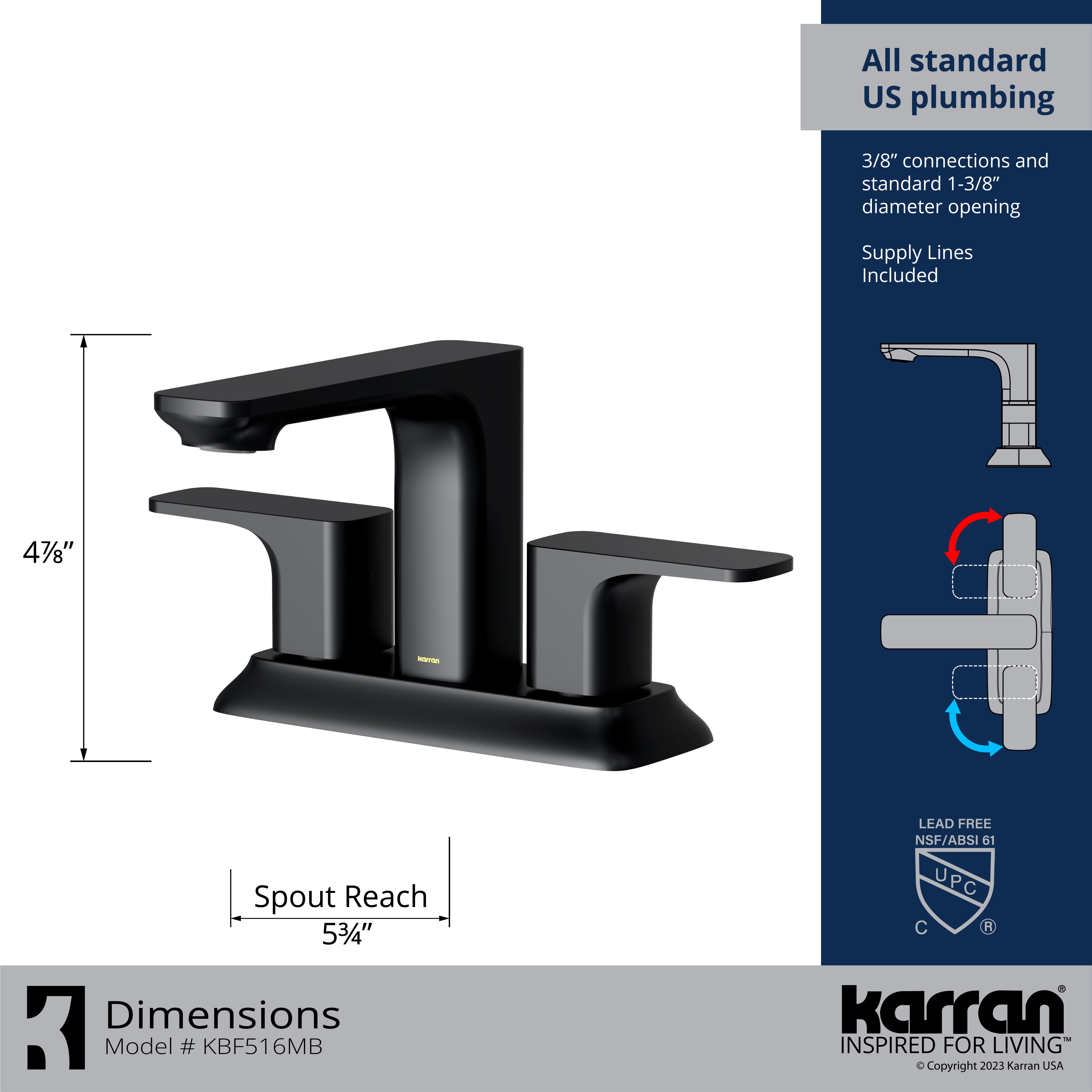 Karran Venda 1.2 GPM Double Lever Handle Lead-free Brass ADA Bathroom Faucet, Centerset, Matte Black, KBF516MB