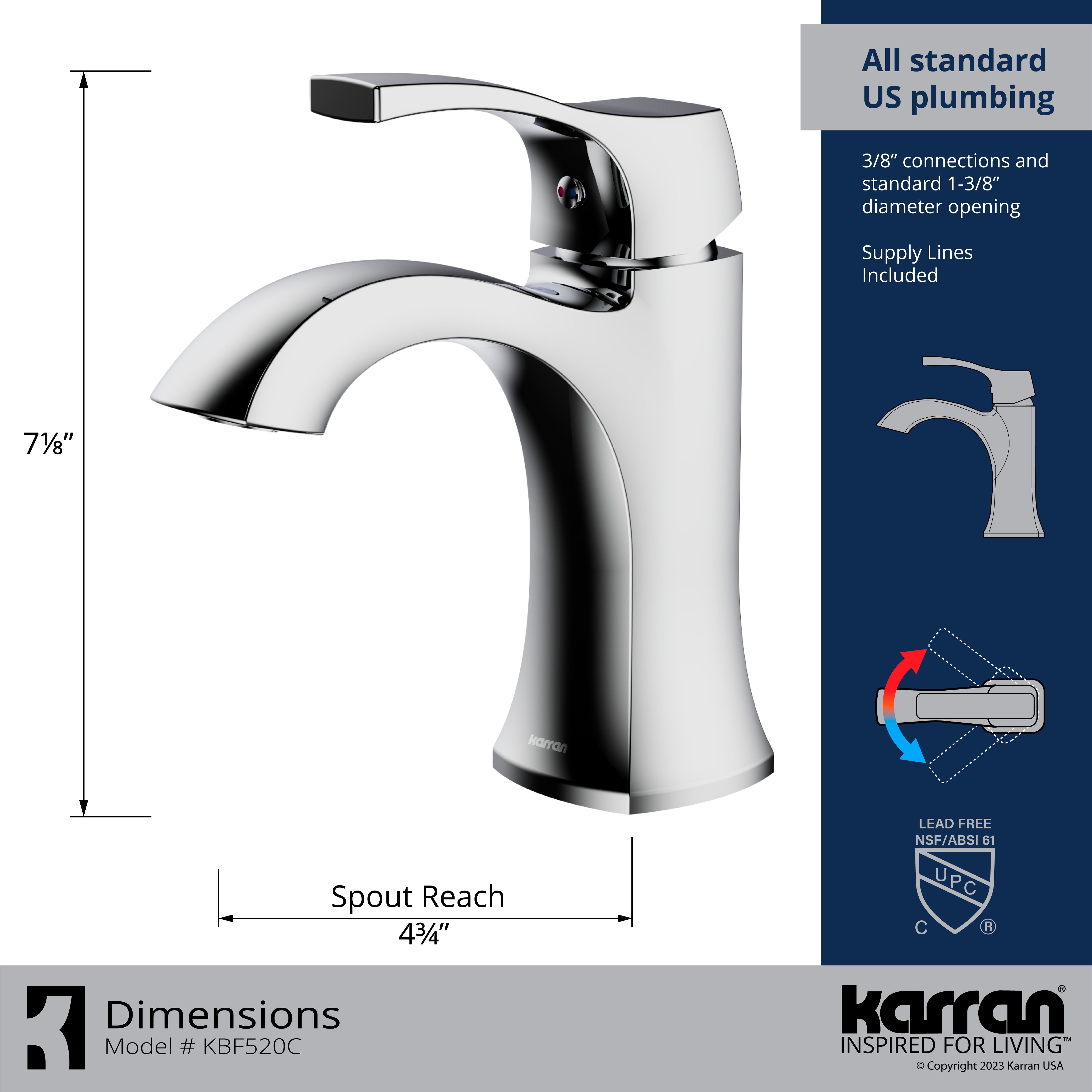 Karran Randburg 1.2 GPM Single Lever Handle Lead-free Brass ADA Bathroom Faucet, Basin, Chrome, KBF520C
