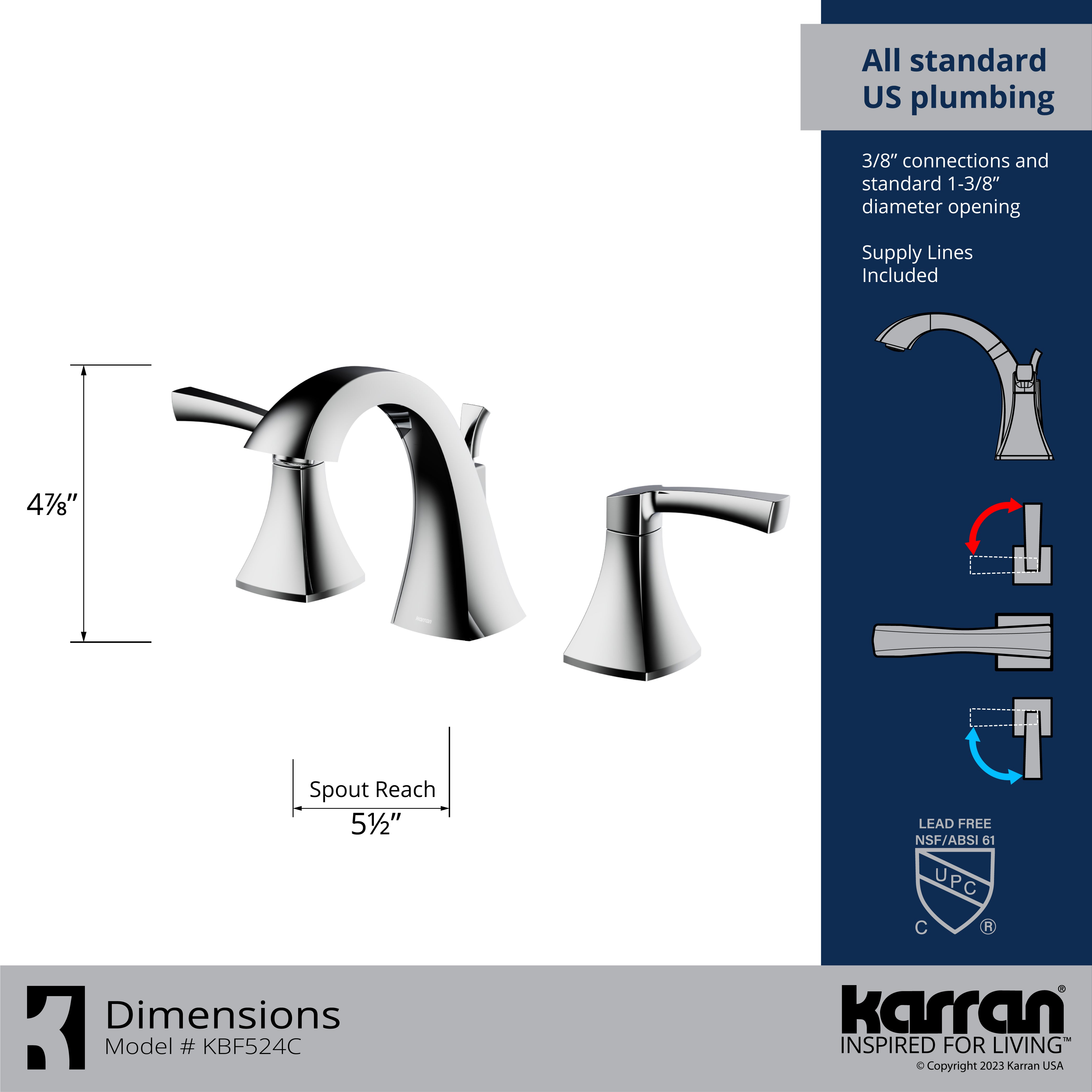 Karran Randburg 1.2 GPM Double Lever Handle Lead-free Brass ADA Bathroom Faucet, Widespread, Chrome, KBF524C
