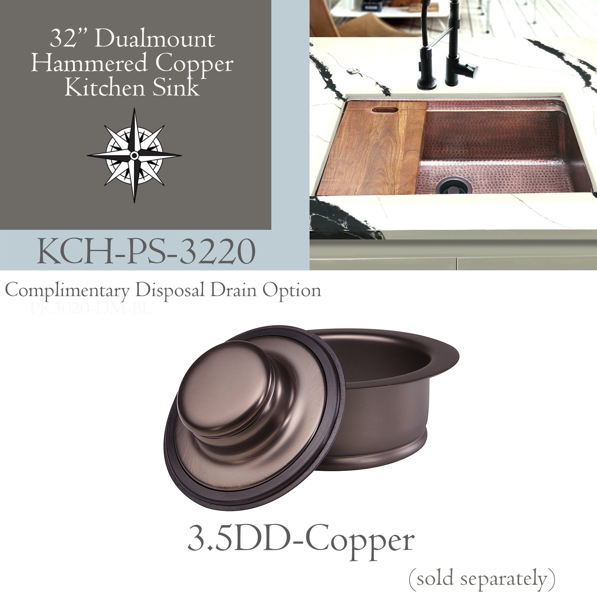 Nantucket Sinks Brightwork Home 32" Dual Mount Copper Workstation Kitchen Sink with Accessories, 16 Gauge, KCH-PS-3220