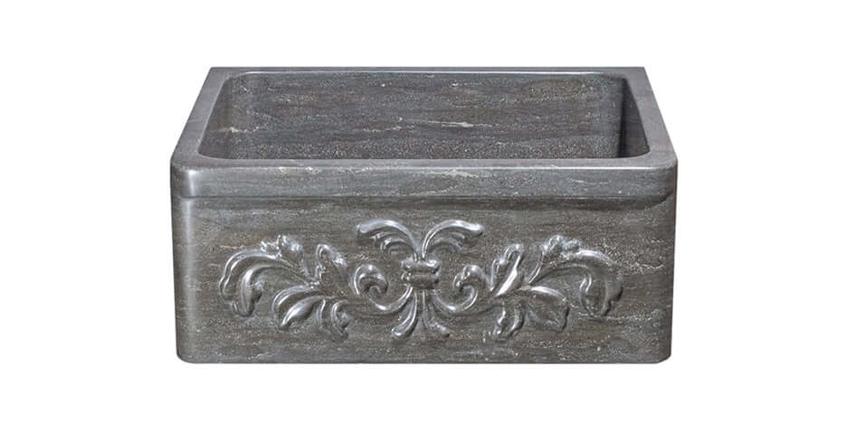 24" Smoke Brown Limestone Farmhouse Kitchen Sink, Floral Carving Front, KF242010-F2-BLN