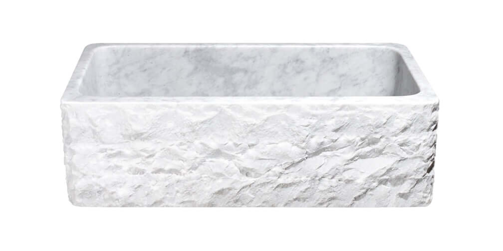 33" Carrara White Marble Farmhouse Kitchen Sink, Chiseled Front, Single Bowl, KF332010SB-BE-CW