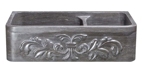 36" Smoke Brown Limestone Farmhouse Kitchen Sink, Floral Carving Front, 60/40 Double Bowl, KF362010DB-F2-6040-BLN