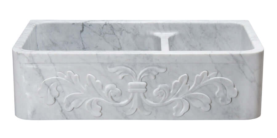 36" Stone 60/40 Double Bowl Farmhouse Sink, Design Apron Front, Carrara Marble, White, KF362010DB-F2-6040-CW