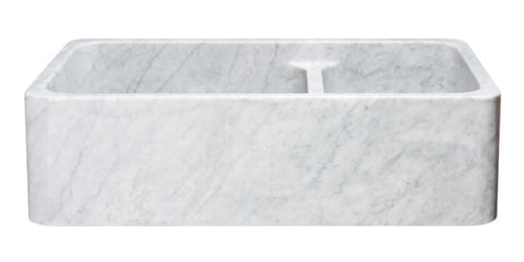 Carrara Marble 36" Stone 60/40 Double Bowl Farmhouse Sink, White, KF362010DB-NLP-6040-CW