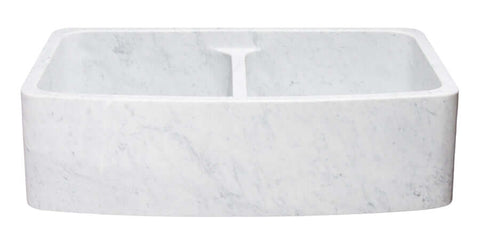 Carrara Marble 36" Stone 50/50 Double Bowl Farmhouse Sink, White, KFCF362210DB-NLP-5050-CW