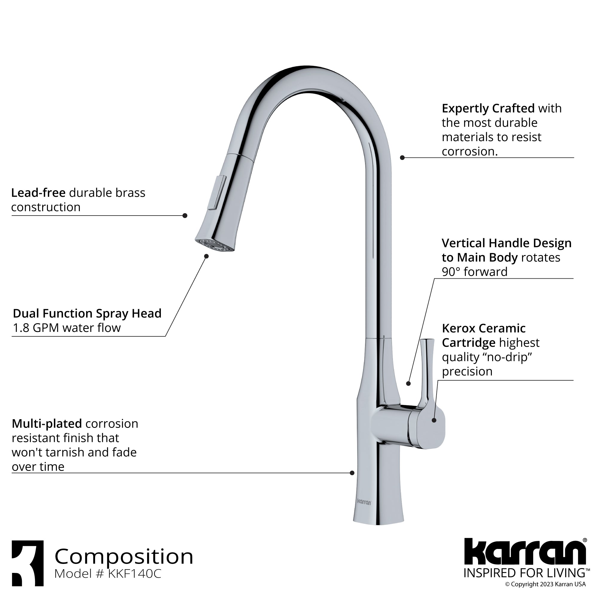 Karran Standerton 1.8 GPM Single Lever Handle Lead-free Brass ADA Kitchen Faucet, Pull-Down Kitchen, Chrome, KKF140C