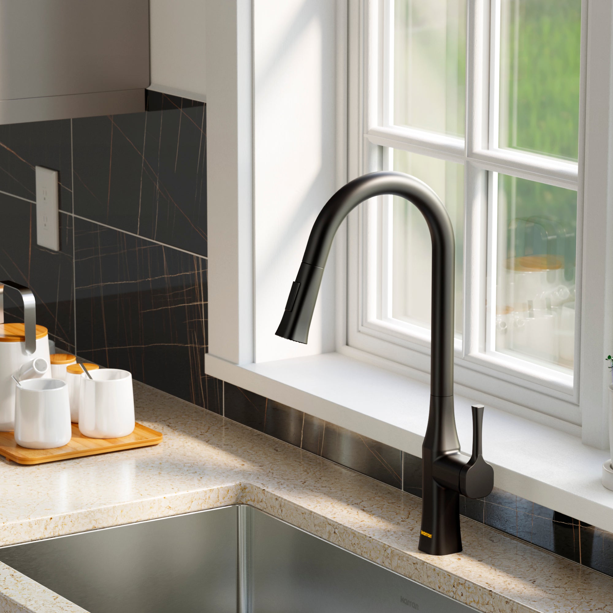 Karran Standerton 1.8 GPM Single Lever Handle Lead-free Brass ADA Kitchen Faucet, Pull-Down Kitchen, Matte Black, KKF140MB
