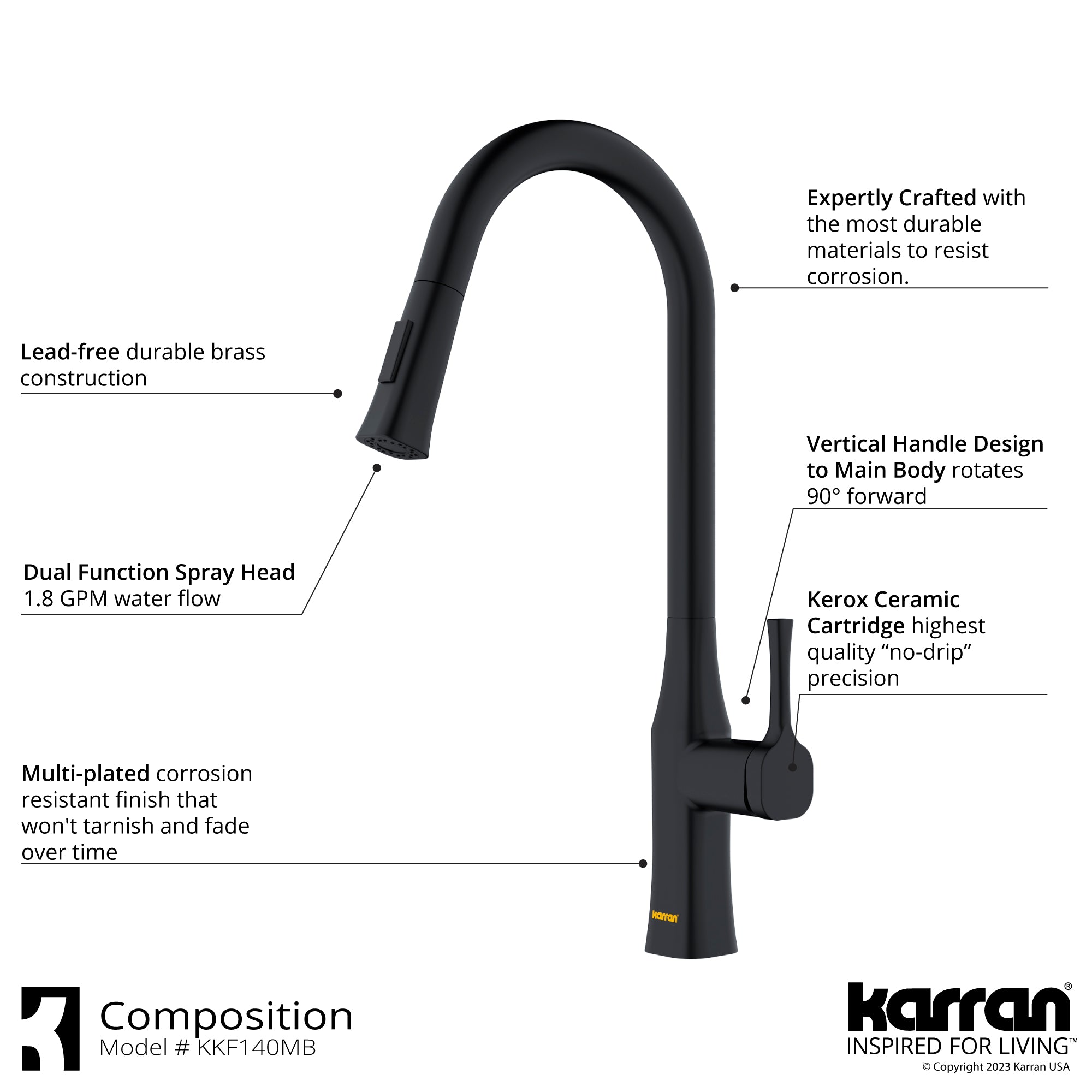 Karran Standerton 1.8 GPM Single Lever Handle Lead-free Brass ADA Kitchen Faucet, Pull-Down Kitchen, Matte Black, KKF140MB