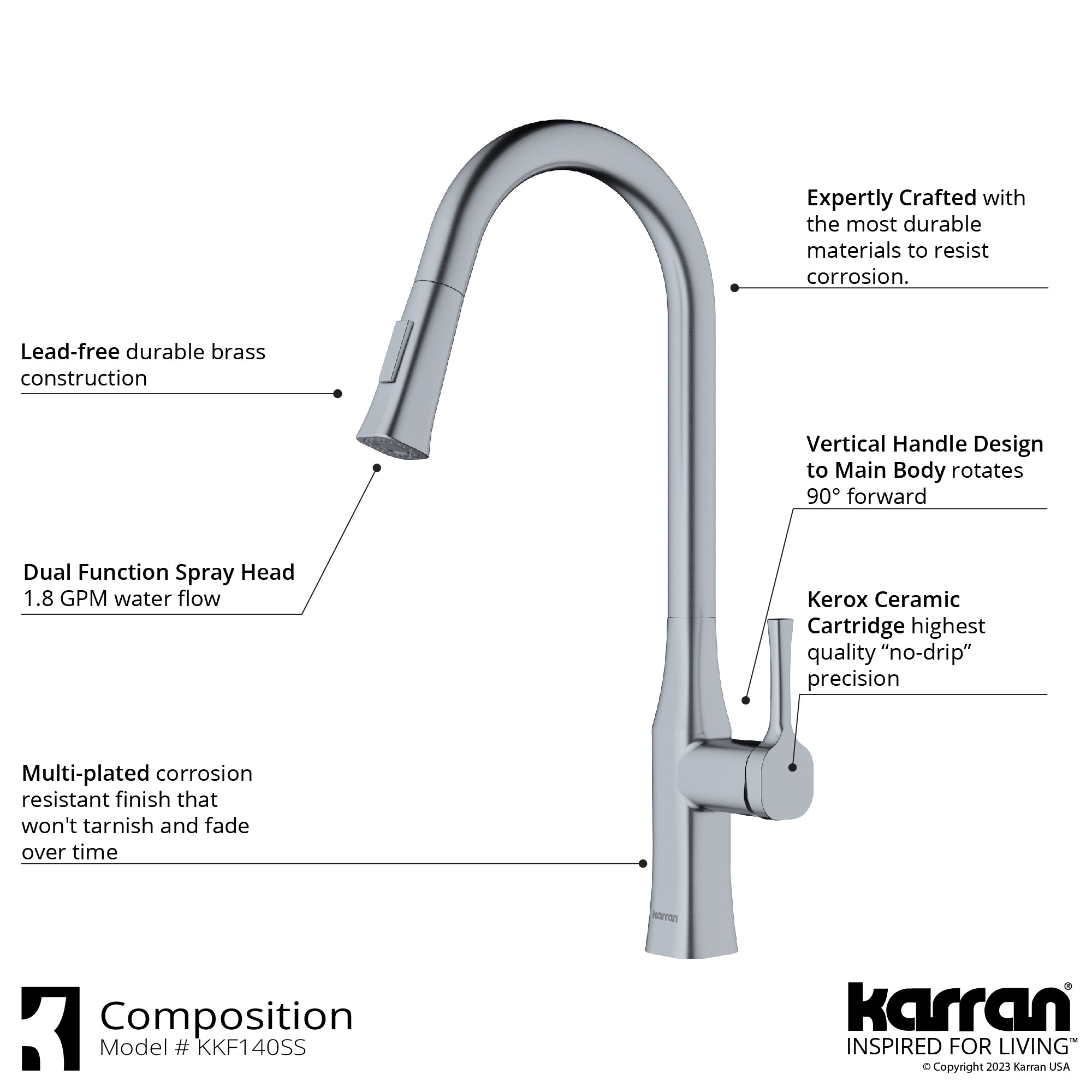 Karran Standerton 1.8 GPM Single Lever Handle Lead-free Brass ADA Kitchen Faucet, Pull-Down Kitchen, Stainless Steel, KKF140SS