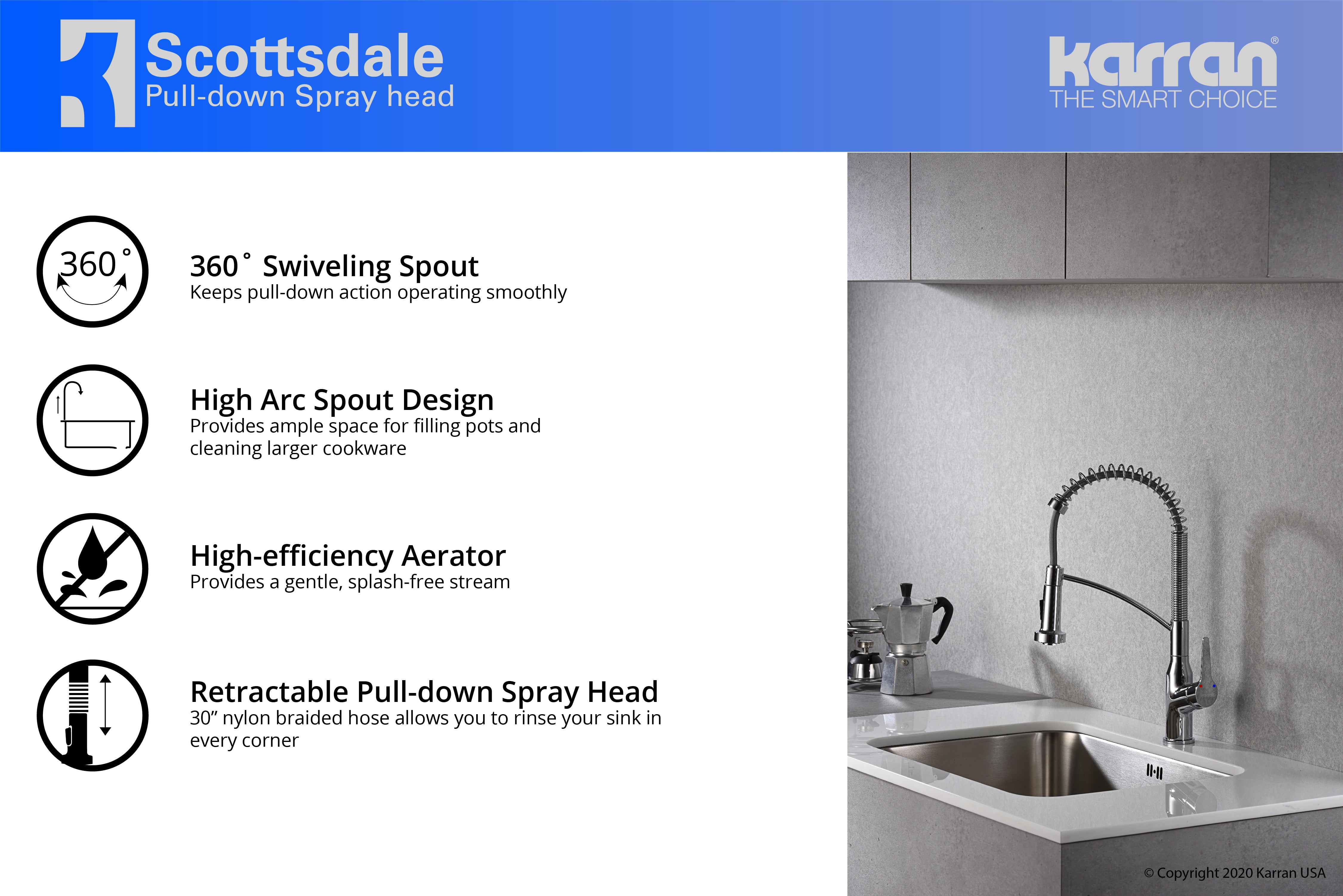 Karran Scottsdale Single Lever Handle Lead-free Brass ADA Kitchen Faucet, Pull Down, Chrome, KKF210C