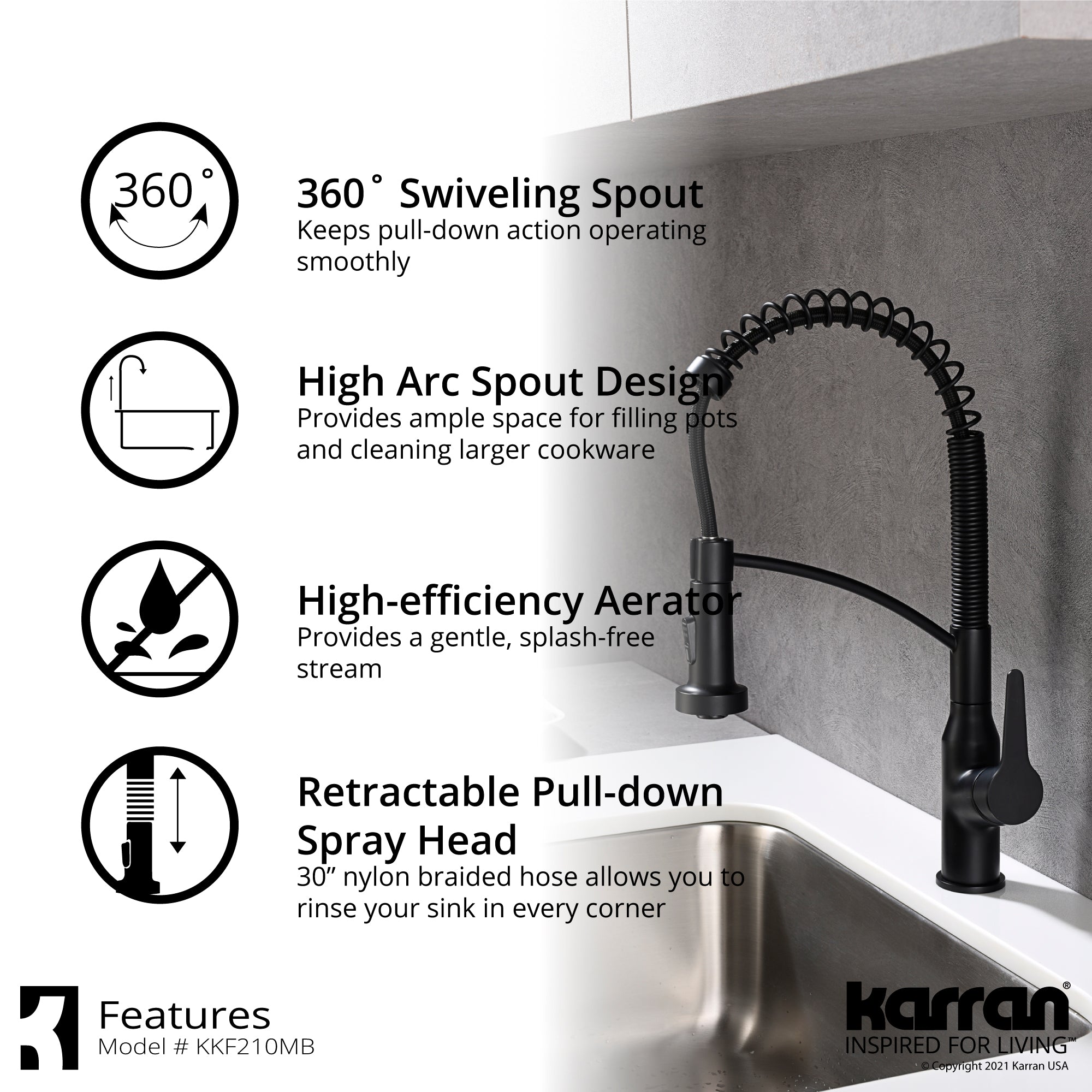 Karran Scottsdale 1.8 GPM Single Lever Handle Lead-free Brass ADA Kitchen Faucet, Pull-Down Kitchen, Matte Black, KKF210SD35MB