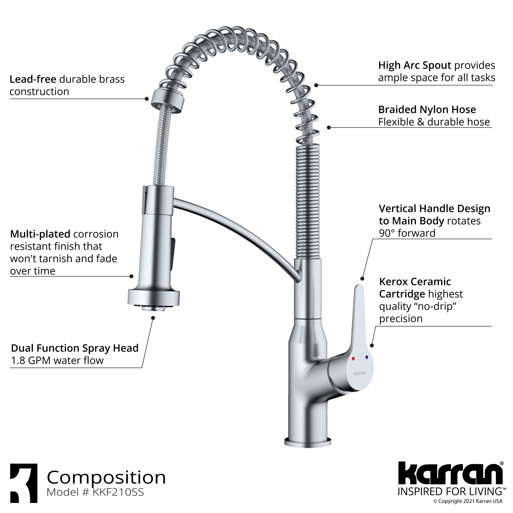 Karran Scottsdale 1.8 GPM Single Lever Handle Lead-free Brass ADA Kitchen Faucet, Pull-Down Kitchen, Stainless Steel, KKF210SD35SS