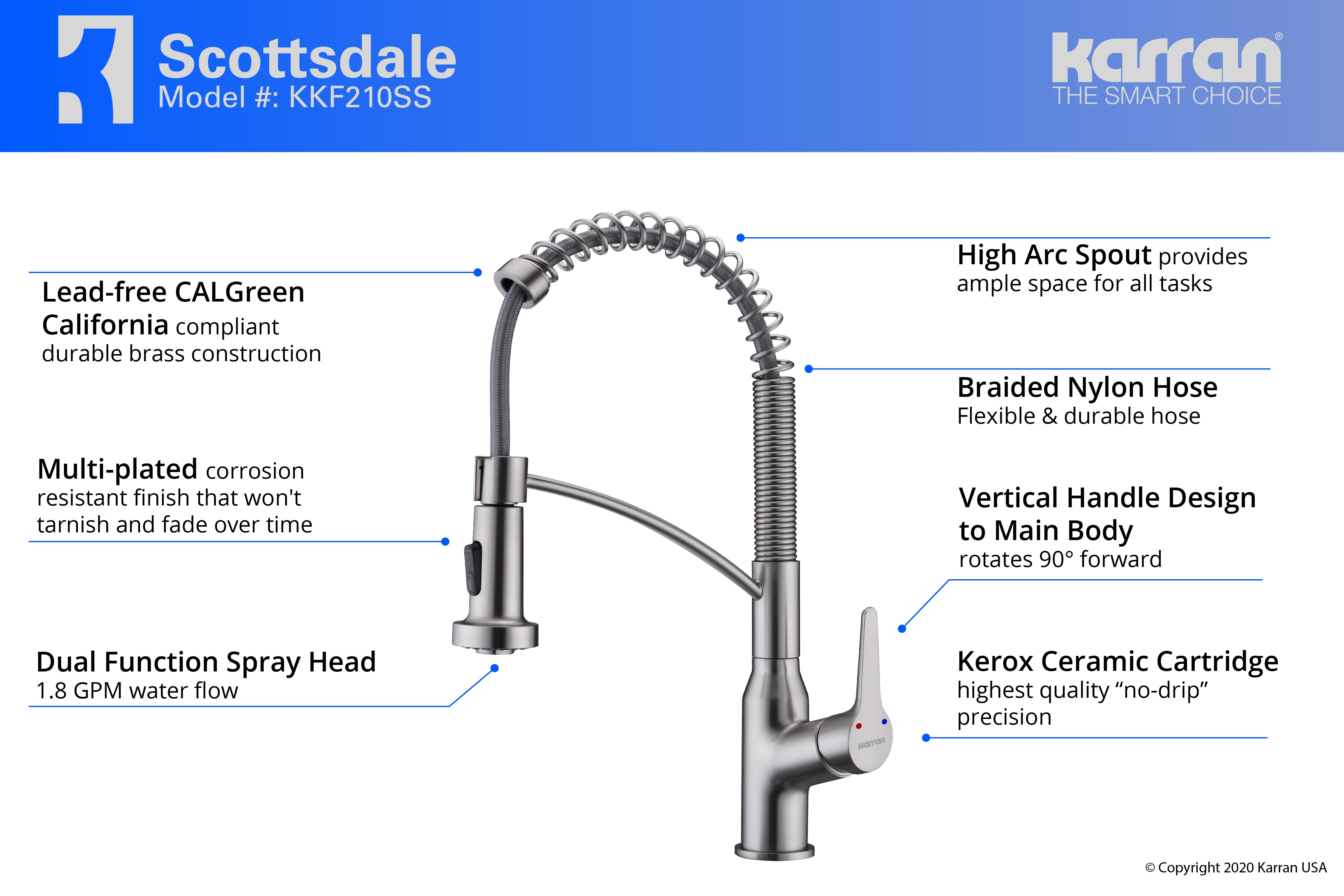 Karran Scottsdale Single Lever Handle Lead-free Brass ADA Kitchen Faucet, Pull Down, Stainless Steel, KKF210SS