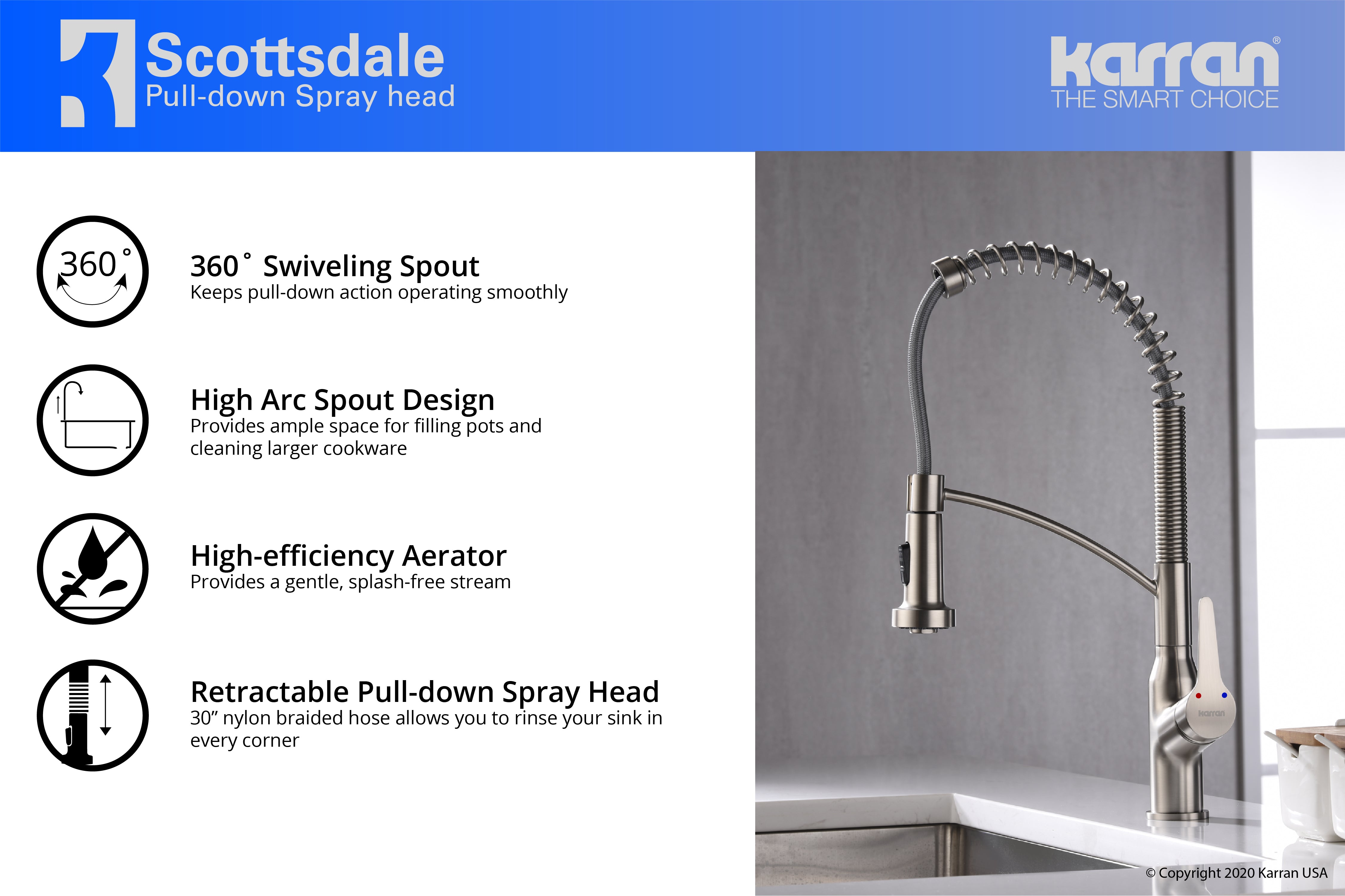 Karran Scottsdale Single Lever Handle Lead-free Brass ADA Kitchen Faucet, Pull Down, Stainless Steel, KKF210SS