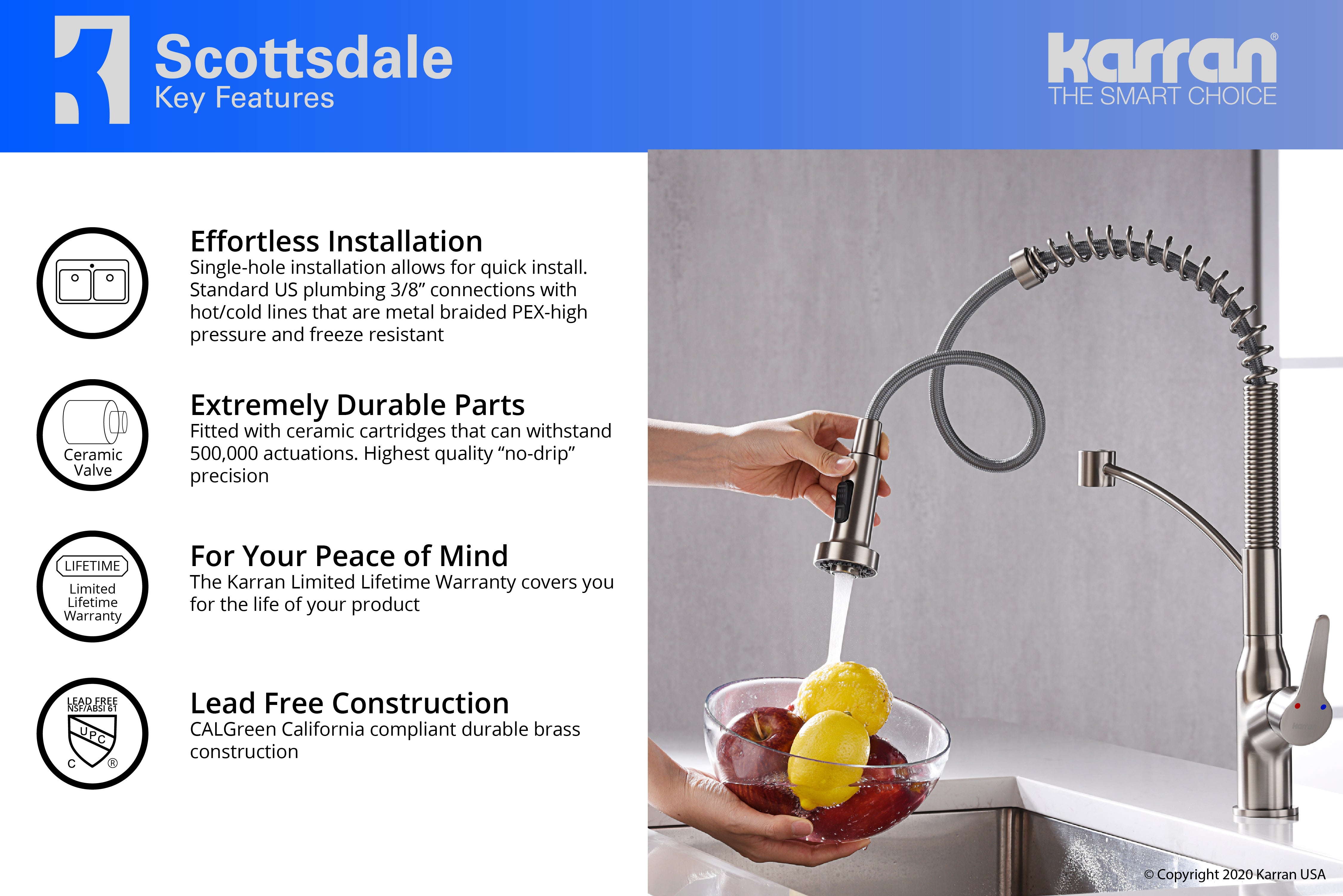 Karran Scottsdale Single Lever Handle Lead-free Brass ADA Kitchen Faucet, Pull Down, Stainless Steel, KKF210SS