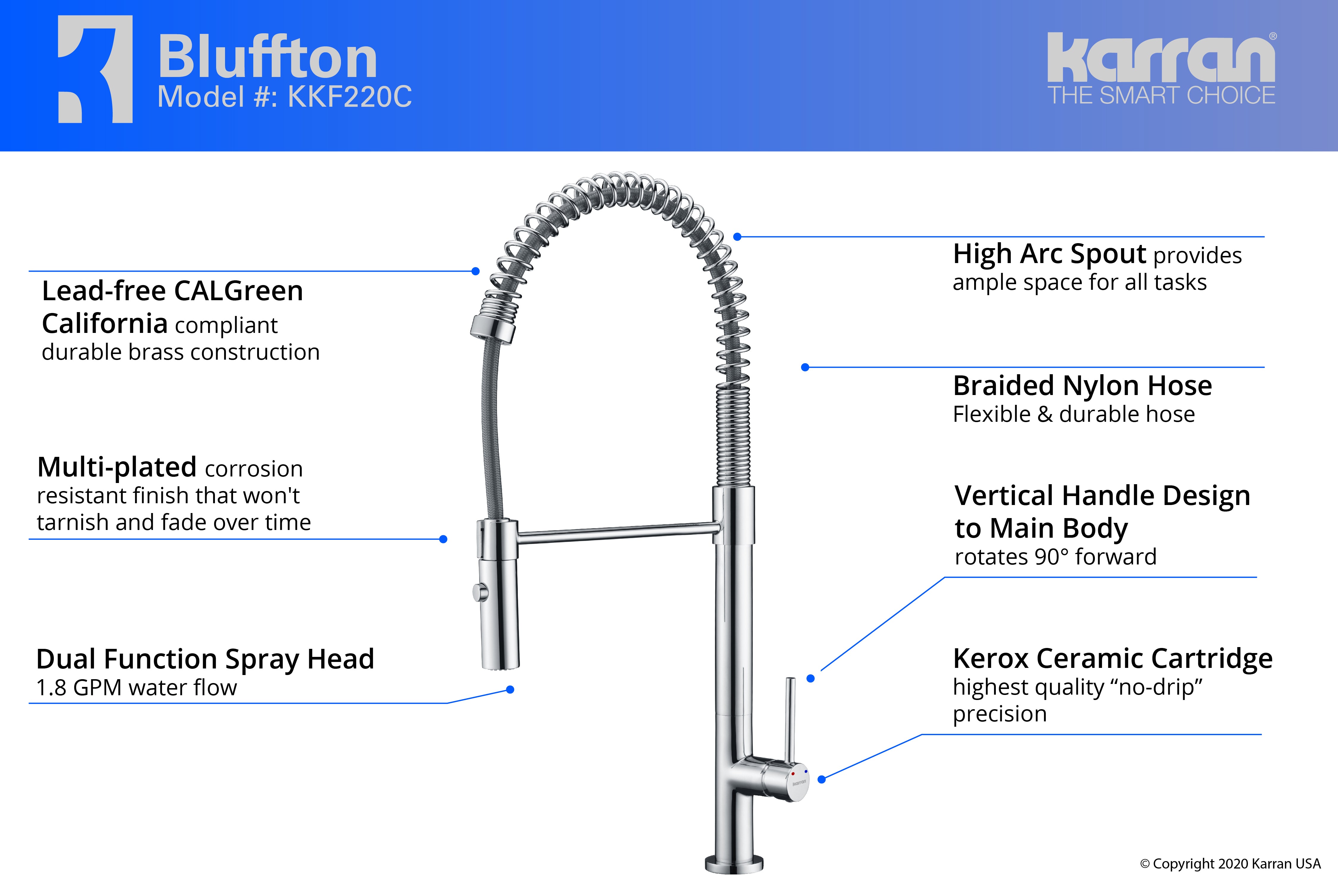 Karran Bluffton Single Lever Handle Lead-free Brass ADA Kitchen Faucet, Pull Down, Chrome, KKF220C