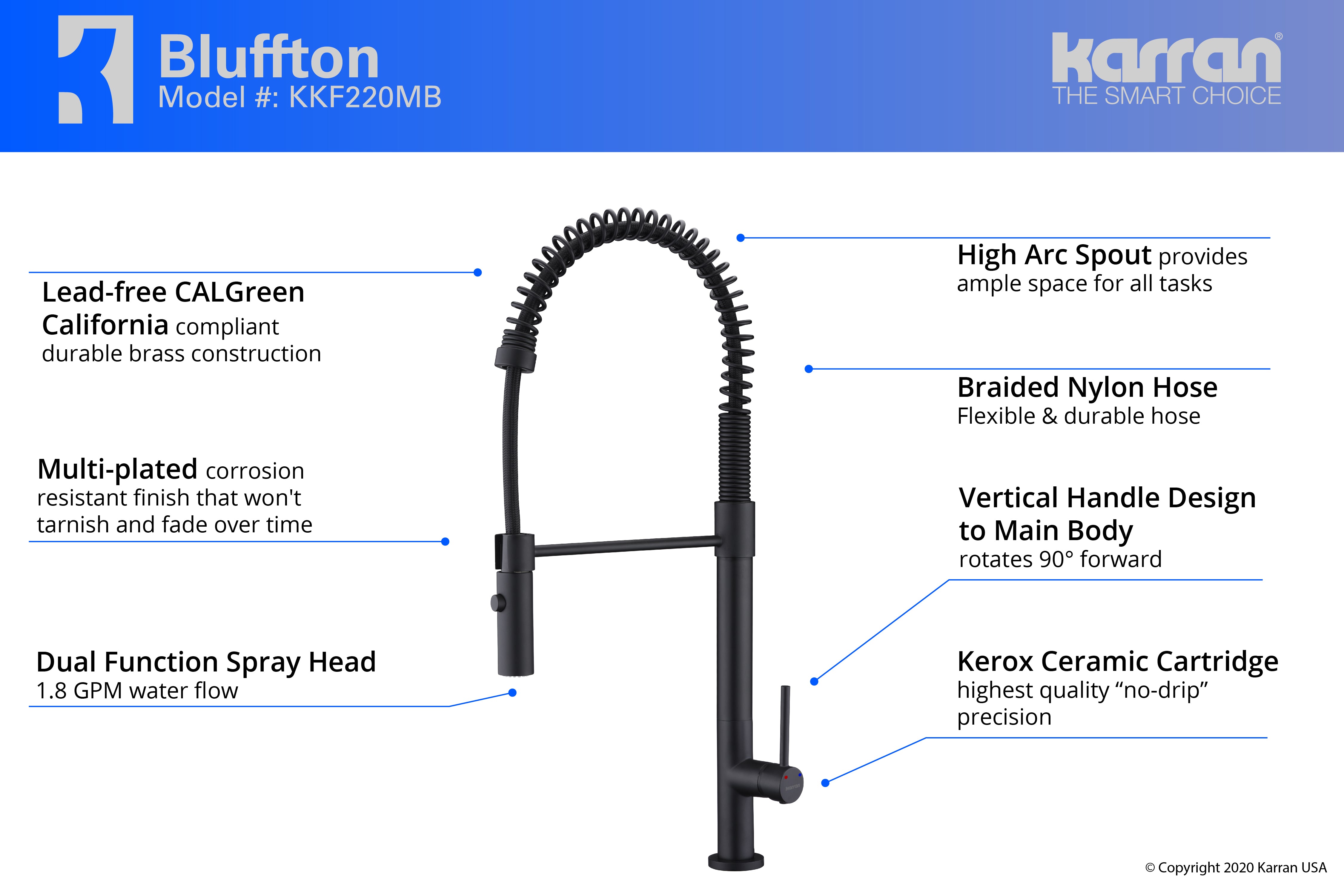 Karran Bluffton Single Lever Handle Lead-free Brass ADA Kitchen Faucet, Pull Down, Matte Black, KKF220MB
