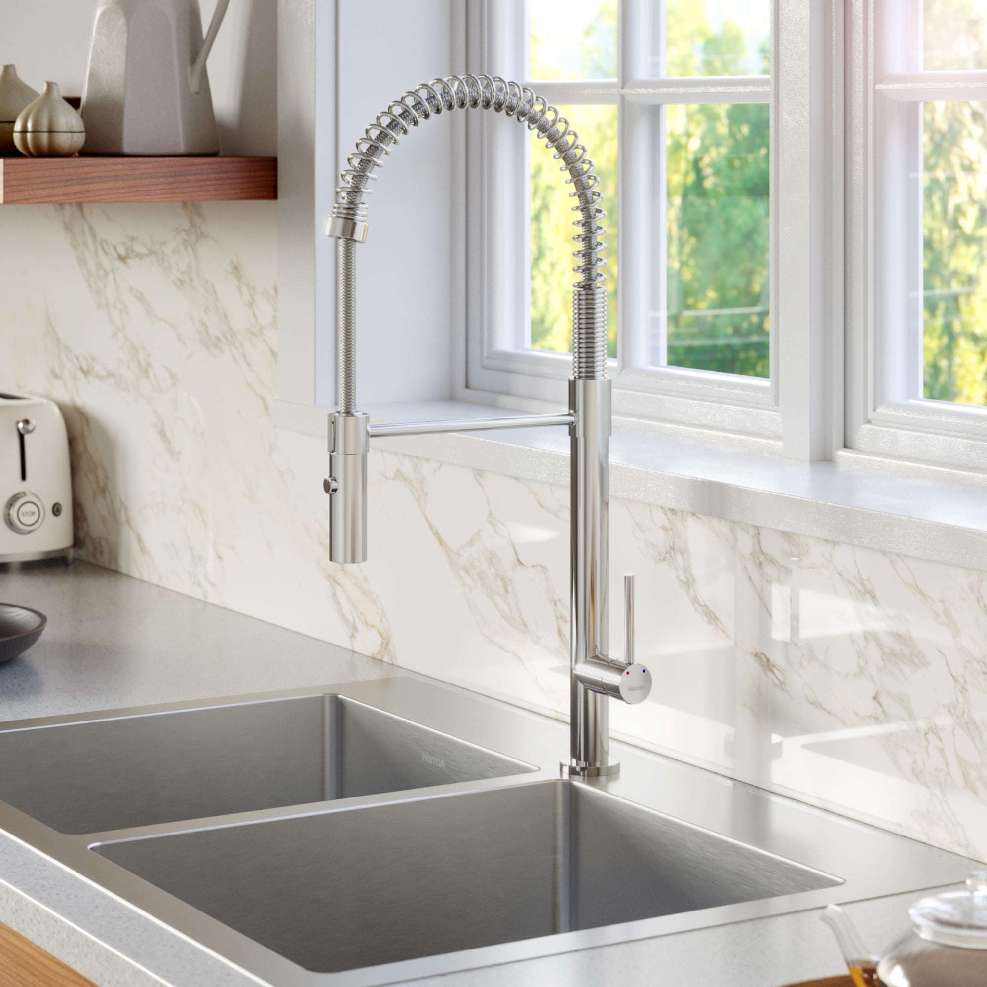 Karran Bluffton 1.8 GPM Single Lever Handle Lead-free Brass ADA Kitchen Faucet, Pull-Down Kitchen, Chrome, KKF220SD35C