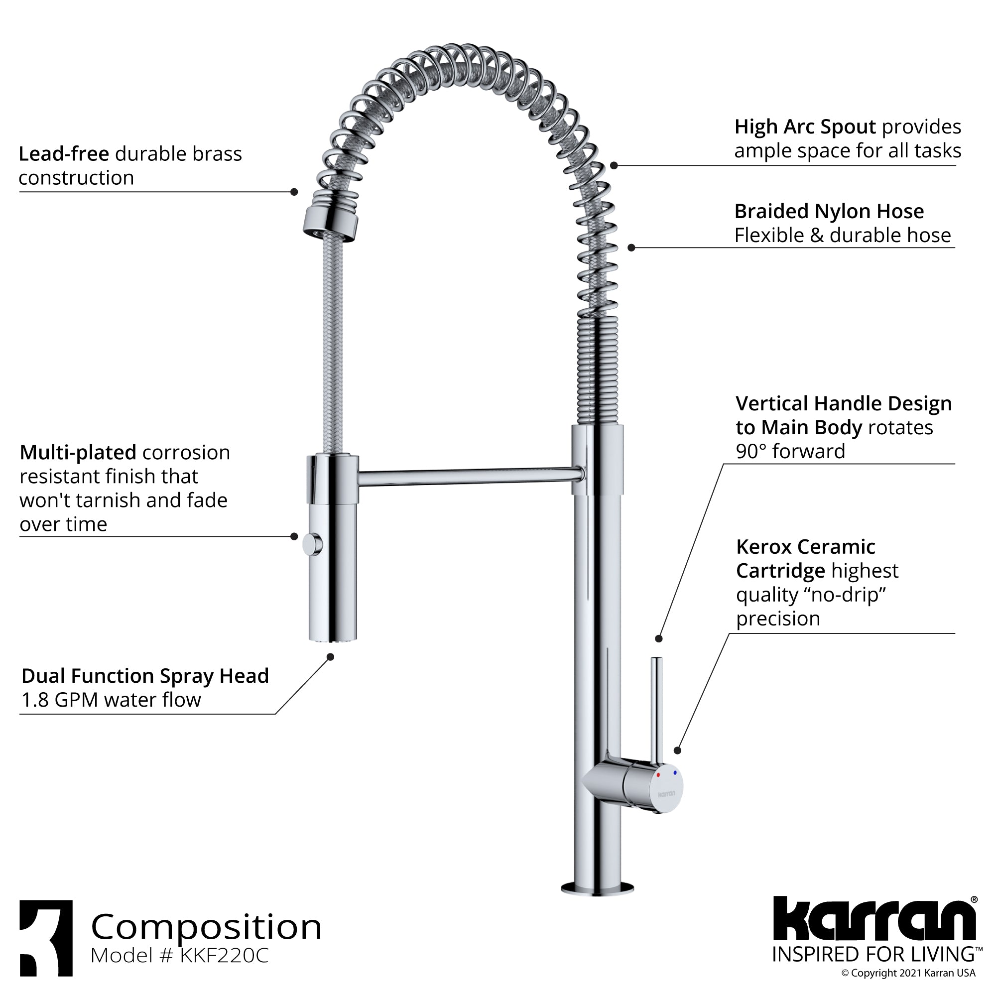 Karran Bluffton 1.8 GPM Single Lever Handle Lead-free Brass ADA Kitchen Faucet, Pull-Down Kitchen, Chrome, KKF220SD35C