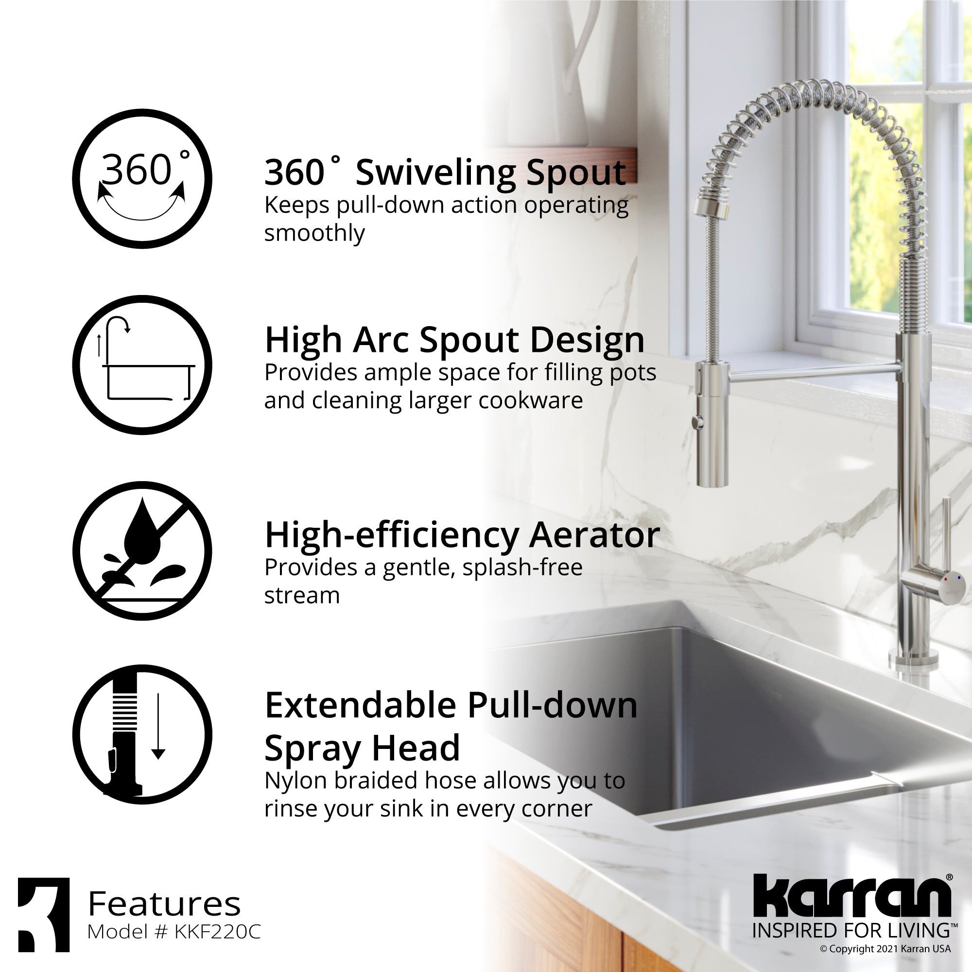 Karran Bluffton 1.8 GPM Single Lever Handle Lead-free Brass ADA Kitchen Faucet, Pull-Down Kitchen, Chrome, KKF220SD35C