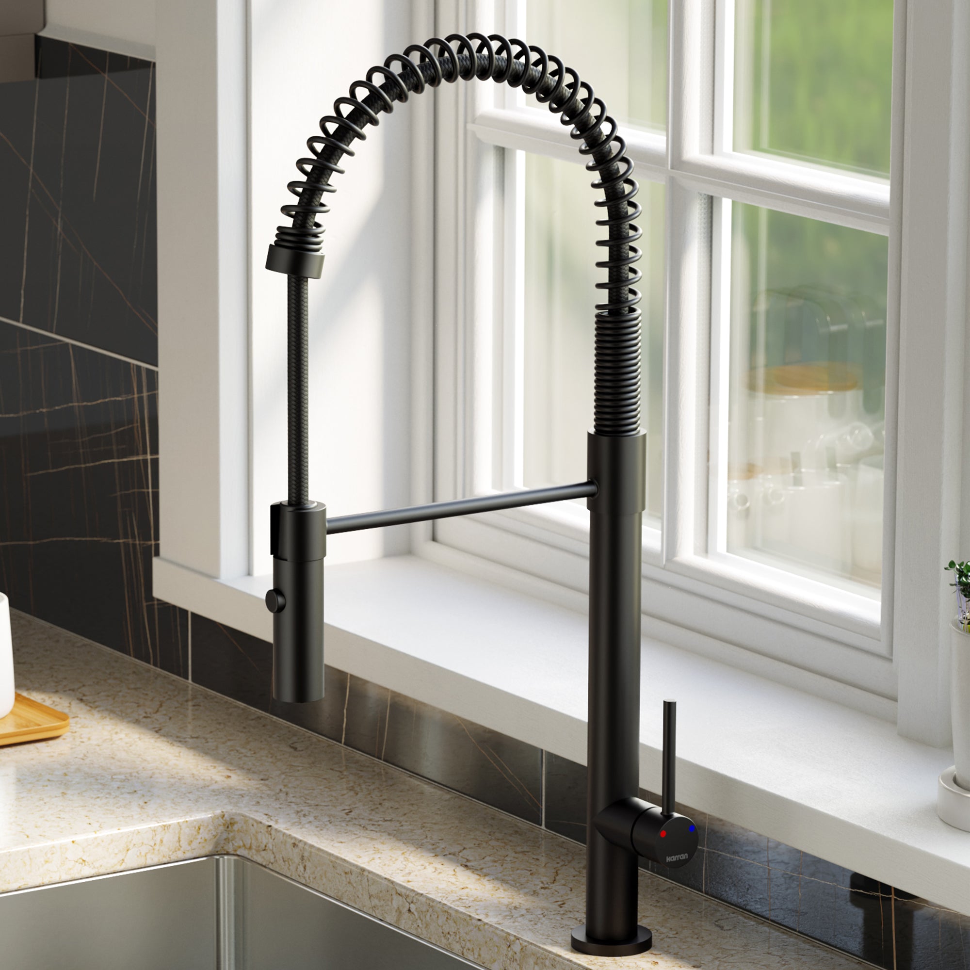 Karran Bluffton 1.8 GPM Single Lever Handle Lead-free Brass ADA Kitchen Faucet, Pull-Down Kitchen, Matte Black, KKF220SD35MB