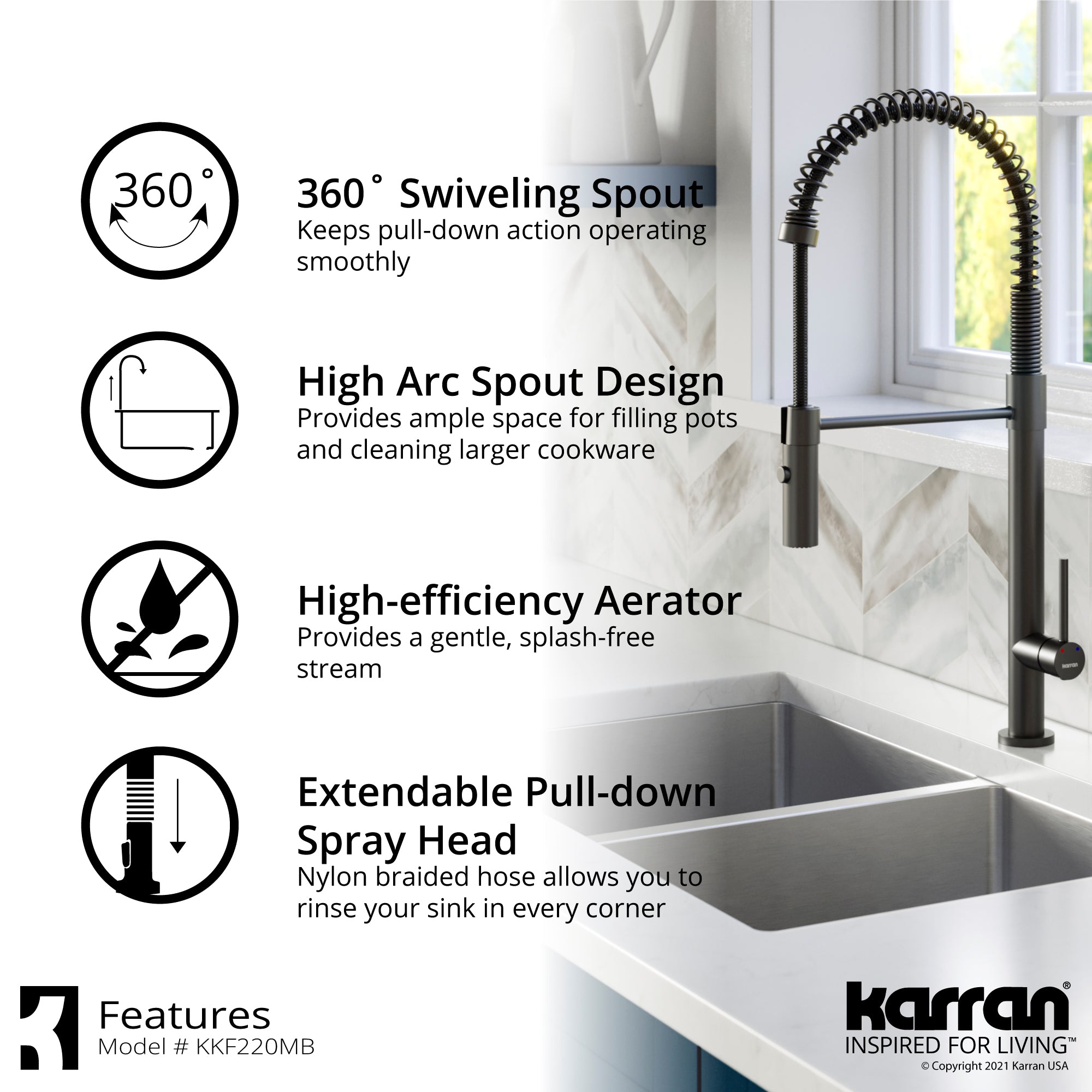 Karran Bluffton 1.8 GPM Single Lever Handle Lead-free Brass ADA Kitchen Faucet, Pull-Down Kitchen, Matte Black, KKF220SD35MB