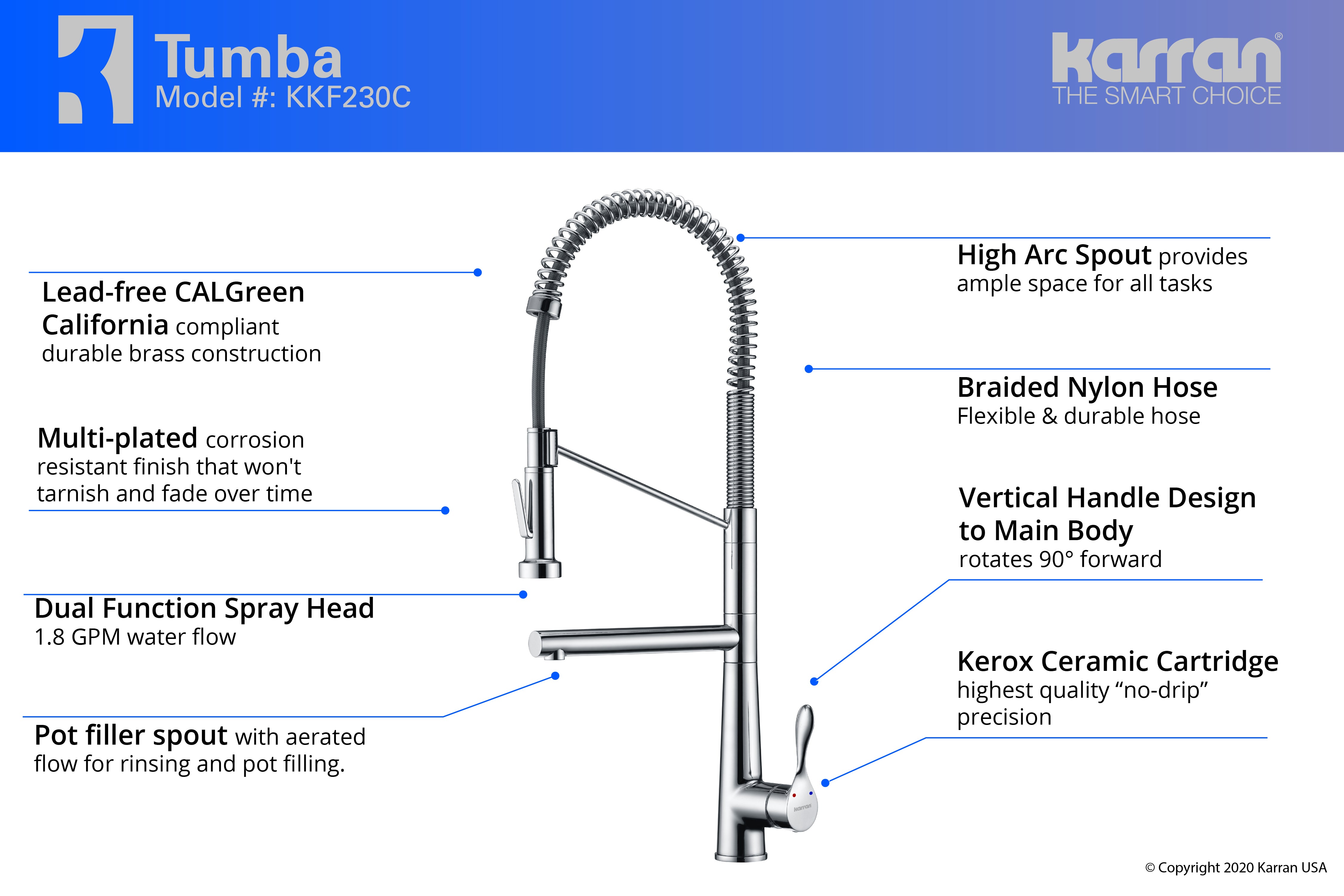 Karran Tumba Single Lever Handle Lead-free Brass ADA Kitchen Faucet, Pull Down, Chrome, KKF230C