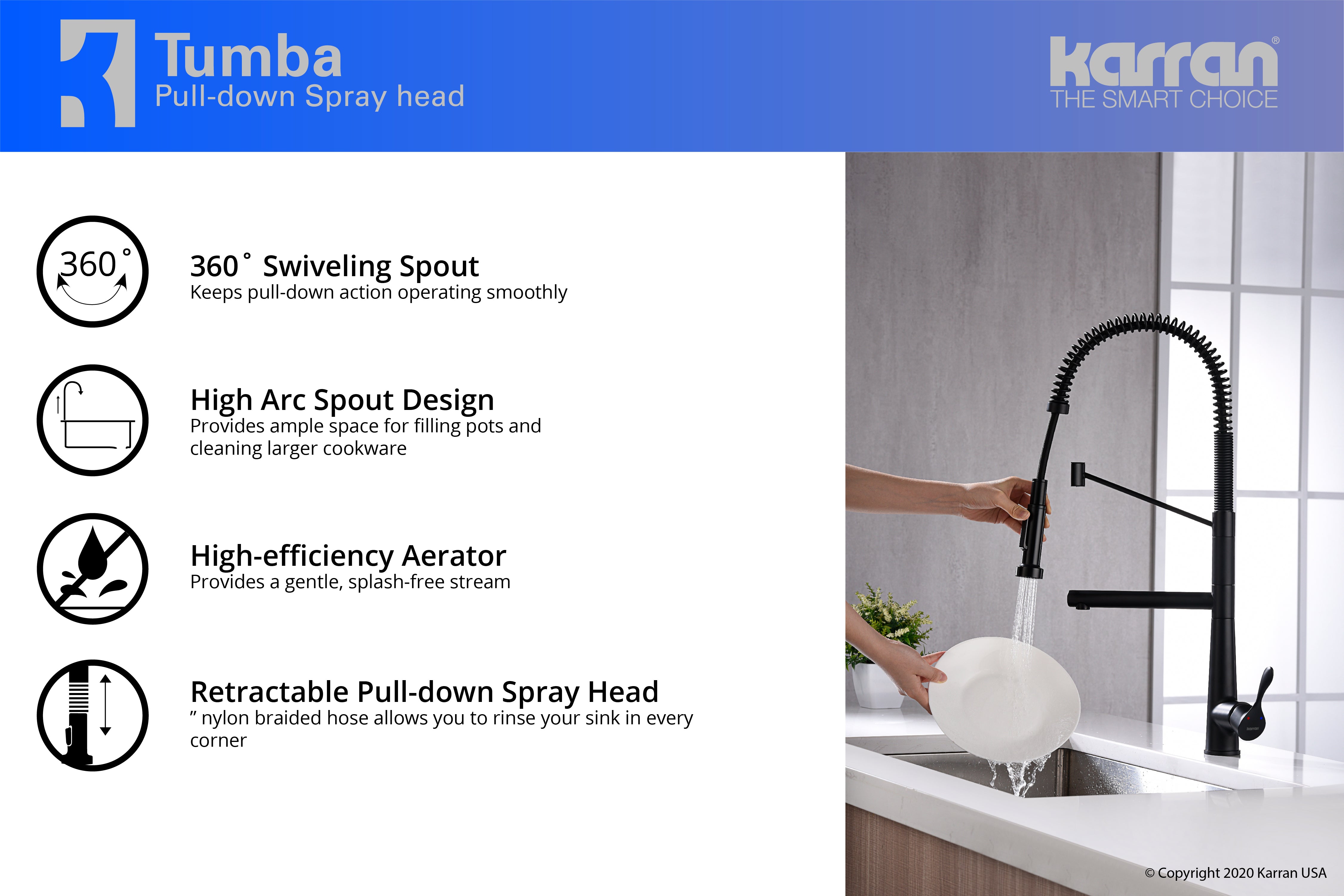Karran Tumba Single Lever Handle Lead-free Brass ADA Kitchen Faucet, Pull Down, Matte Black, KKF230MB