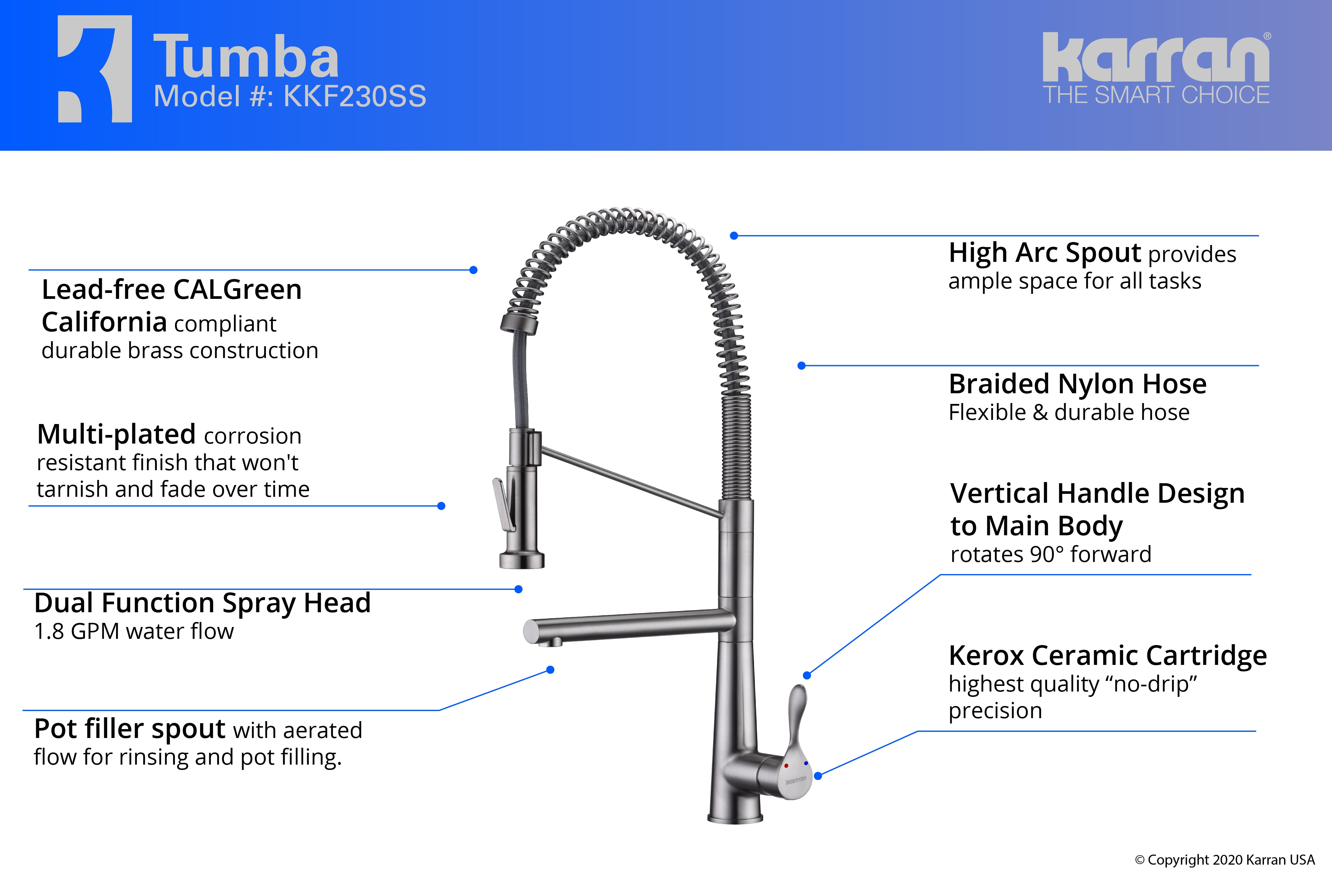 Karran Tumba Single Lever Handle Lead-free Brass ADA Kitchen Faucet, Pull Down, Stainless Steel, KKF230SS