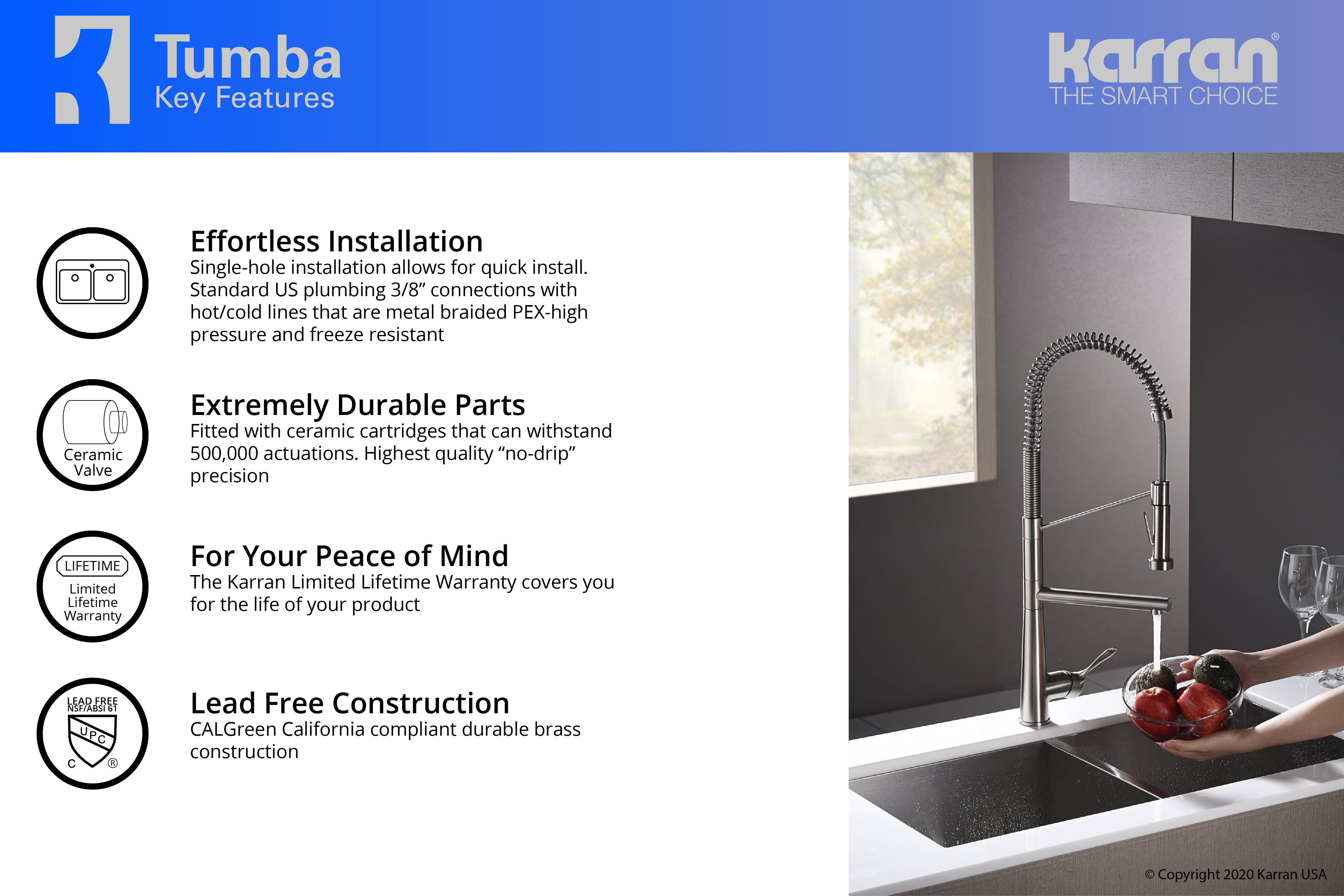 Karran Tumba Single Lever Handle Lead-free Brass ADA Kitchen Faucet, Pull Down, Stainless Steel, KKF230SS