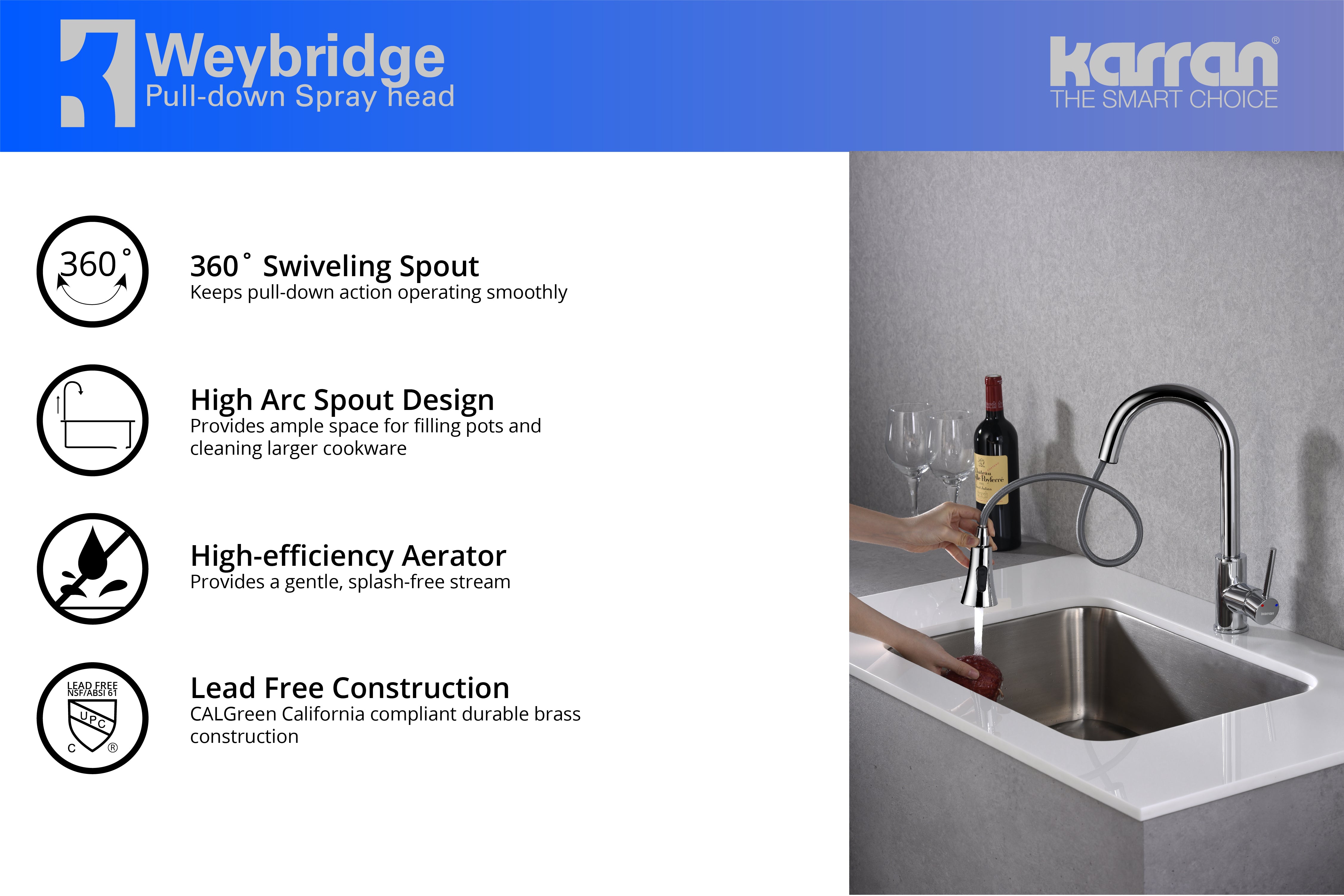 Karran Weybridge Single Lever Handle Lead-free Brass ADA Kitchen Faucet, Pull Down, Chrome, KKF240C