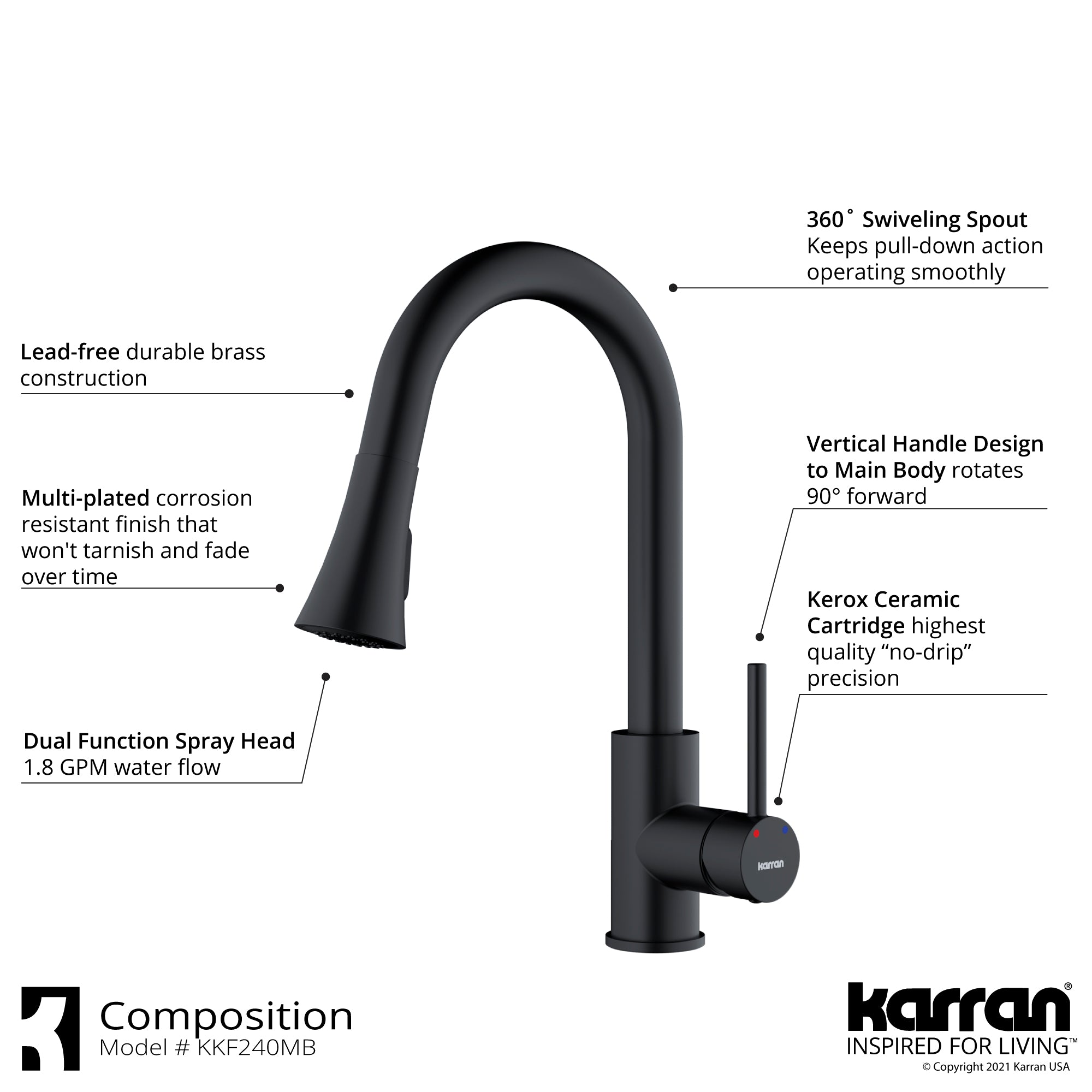 Karran Weybridge 1.8 GPM Single Lever Handle Lead-free Brass ADA Kitchen Faucet, Pull-Down Kitchen, Matte Black, KKF240MB