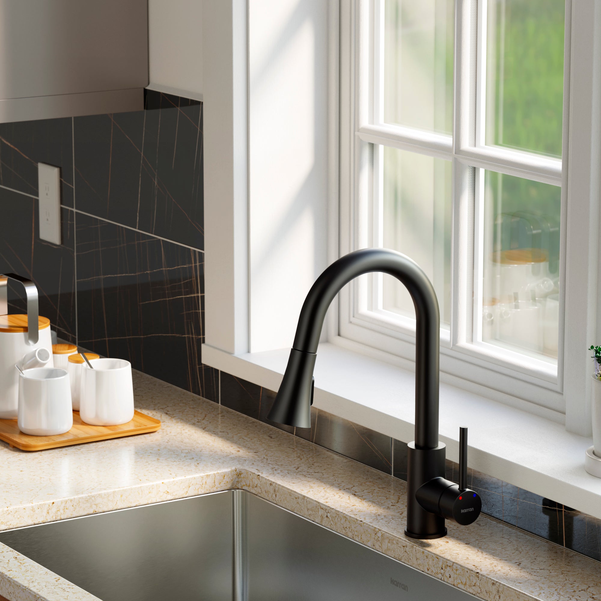 Karran Weybridge 1.8 GPM Single Lever Handle Lead-free Brass ADA Kitchen Faucet, Pull-Down Kitchen, Matte Black, KKF240SD25MB