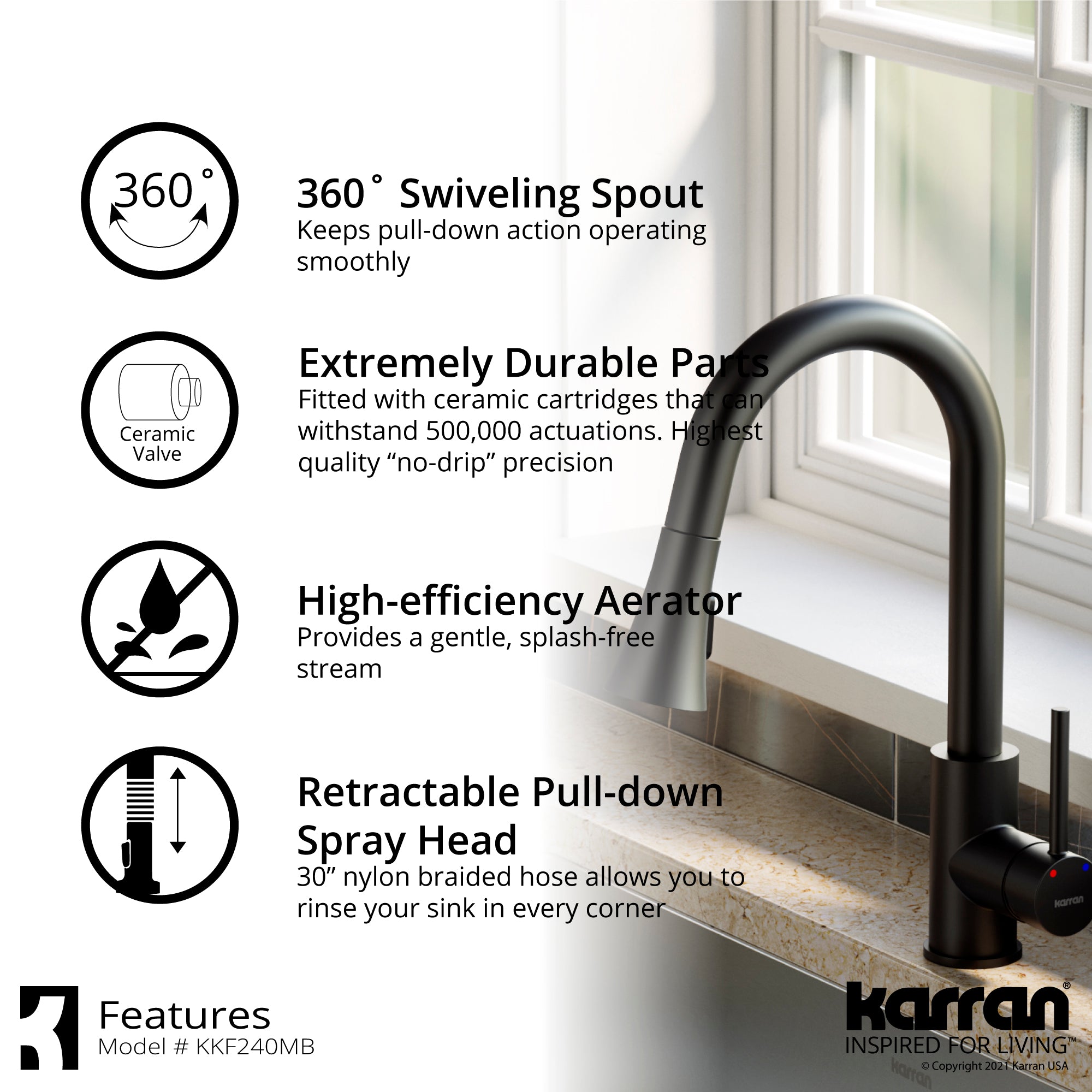 Karran Weybridge 1.8 GPM Single Lever Handle Lead-free Brass ADA Kitchen Faucet, Pull-Down Kitchen, Matte Black, KKF240SD25MB