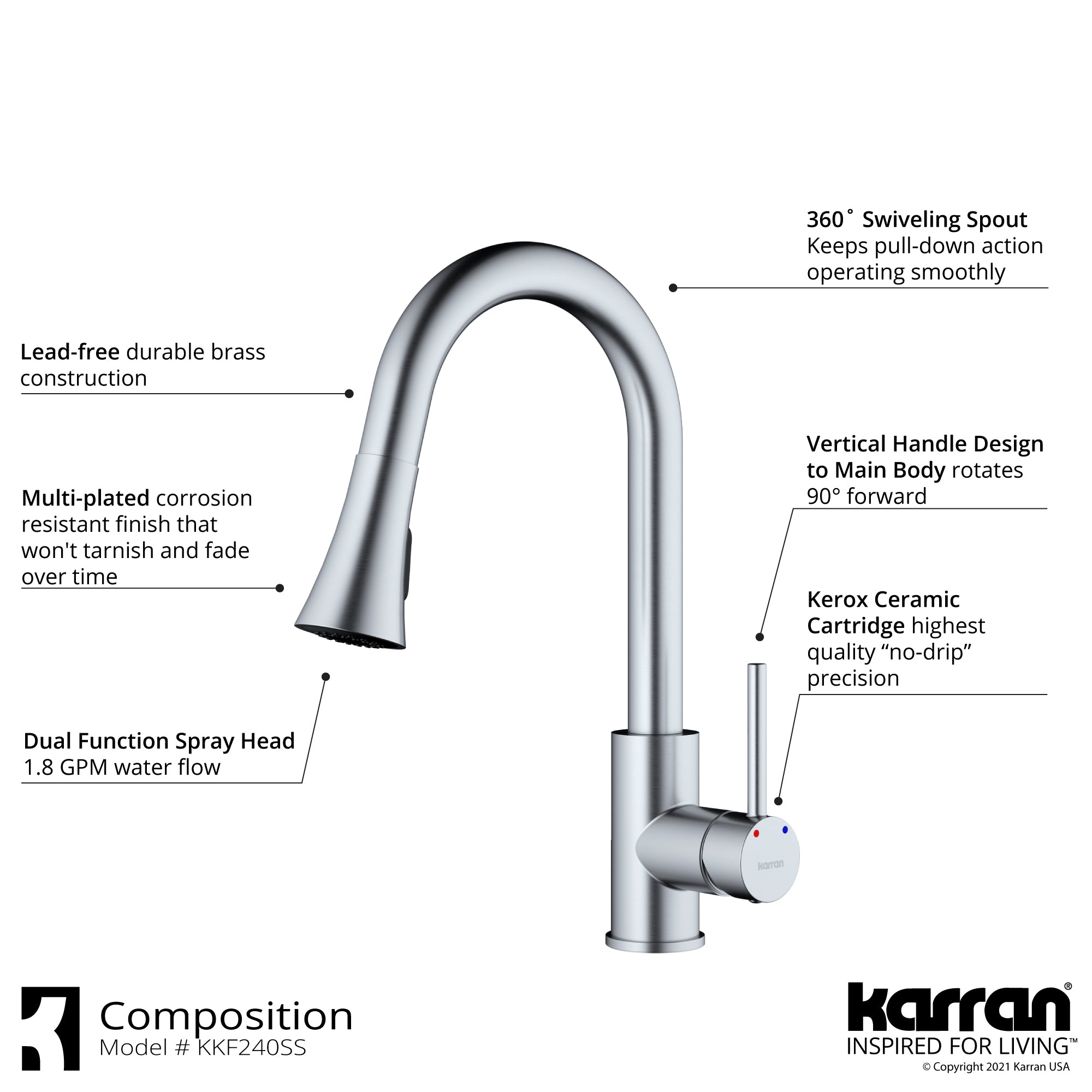 Karran Weybridge 1.8 GPM Single Lever Handle Lead-free Brass ADA Kitchen Faucet, Pull-Down Kitchen, Stainless Steel, KKF240SD25SS