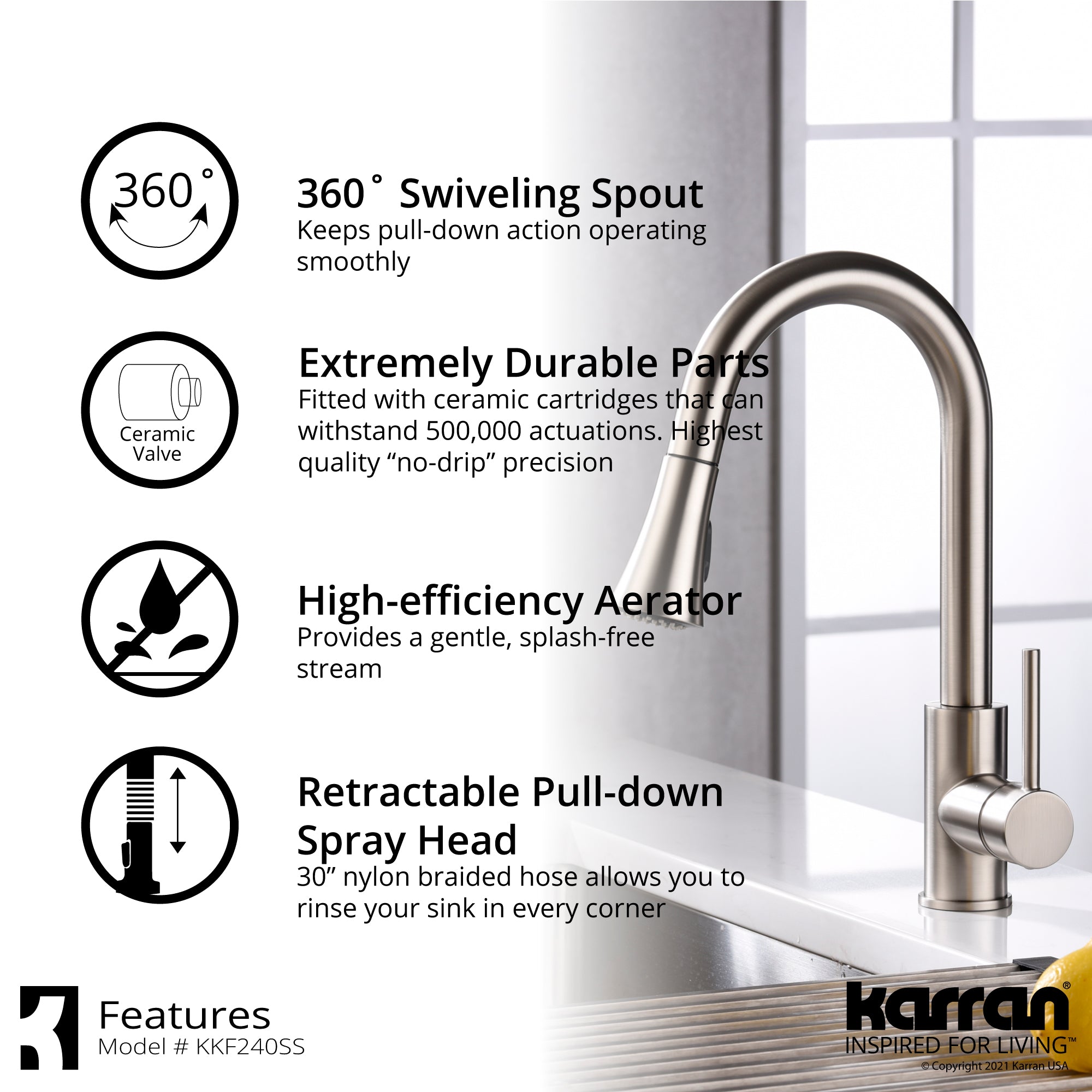 Karran Weybridge 1.8 GPM Single Lever Handle Lead-free Brass ADA Kitchen Faucet, Pull-Down Kitchen, Stainless Steel, KKF240SD25SS